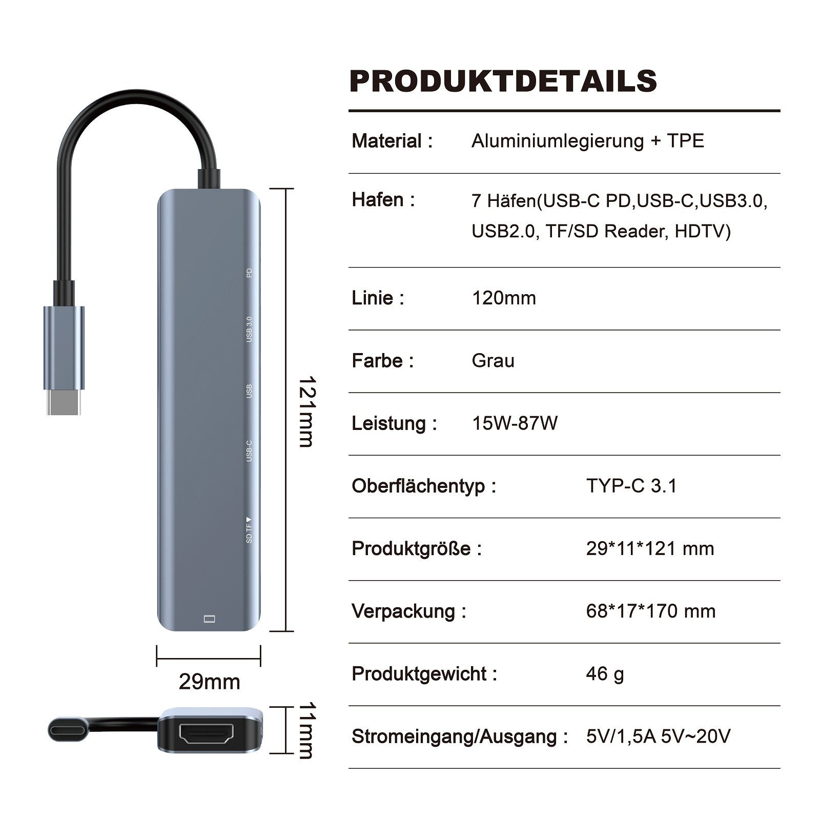 neue dawn Laptop-Dockingstation 7 Port USB C Hub mit 4K HDMI 85W PD USB 3.0 Docking Station Adapter, (85W Schnellaufladung)