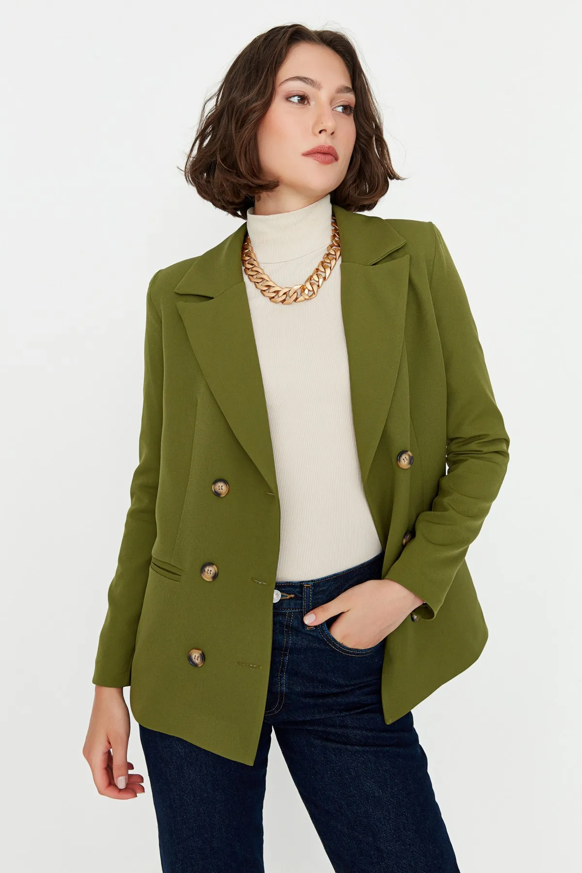 Trendyol Collection  Khakifarbene, gefütterte, zweireihige Blazerjacke aus Webstoff mit Knopfleiste TWOSS21CE0029