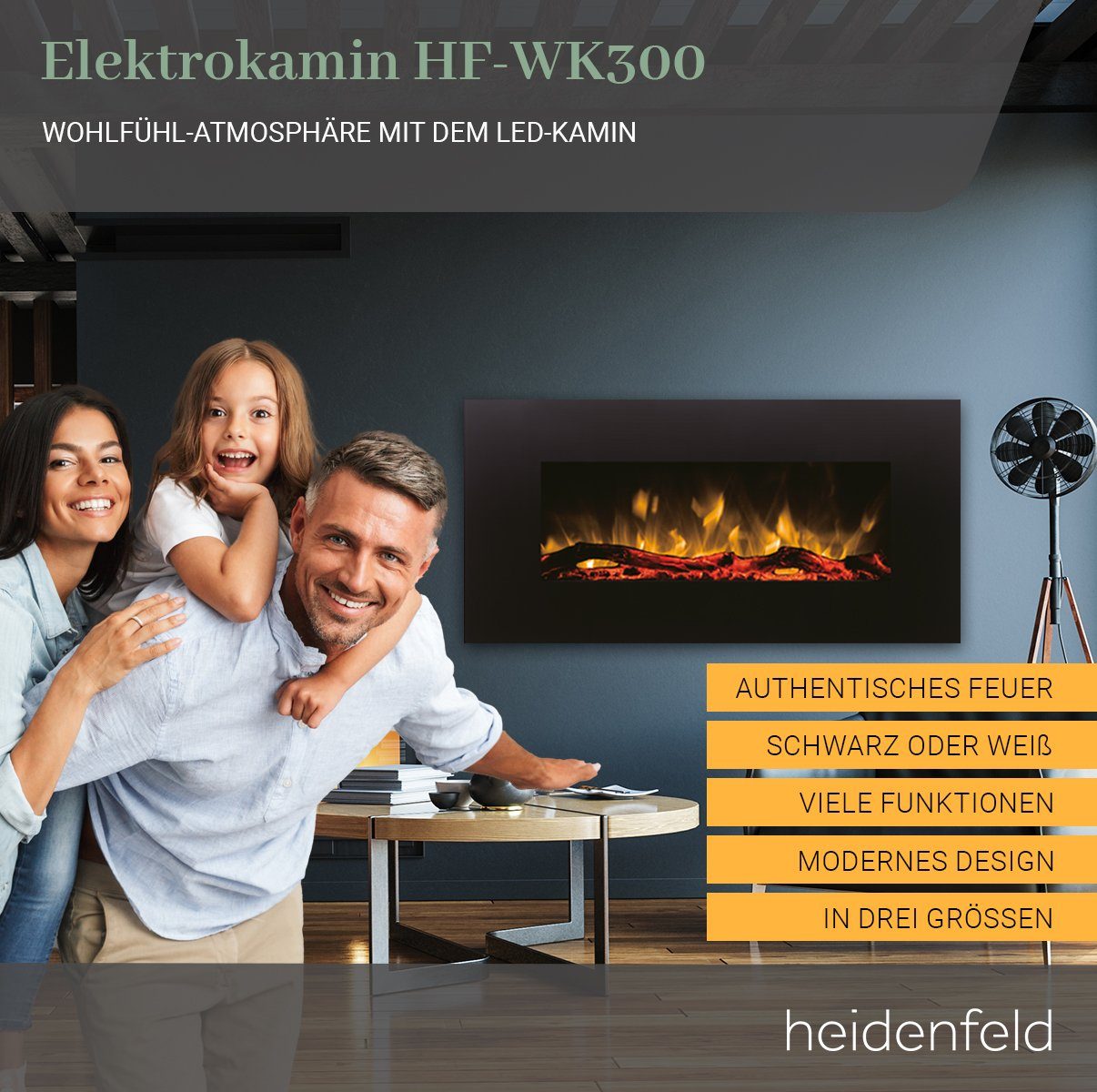Heidenfeld Elektrokamin Kamin Heizung Wandkamin HF-WK300 750/1500 Watt inkl. 3 J. Garantie, 3D Flammen - 10 wählbare LED Farben - Fernbedienung - Elektroheizung