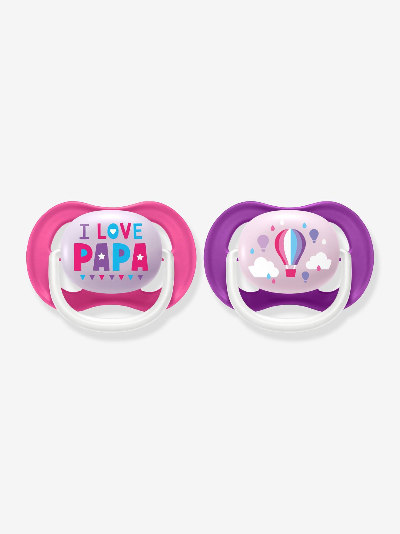 Lot de 2 sucettes Ultra air animals 2e âge Philips AVENT i love papa + montgolfière