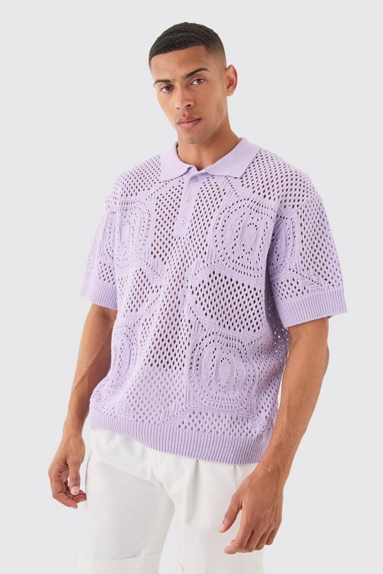 Kastiges strukturiertes Oversize Poloshirt in Lila