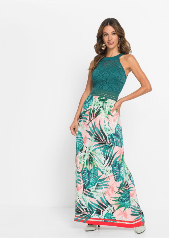 Maxikleid mit Print und Spitze