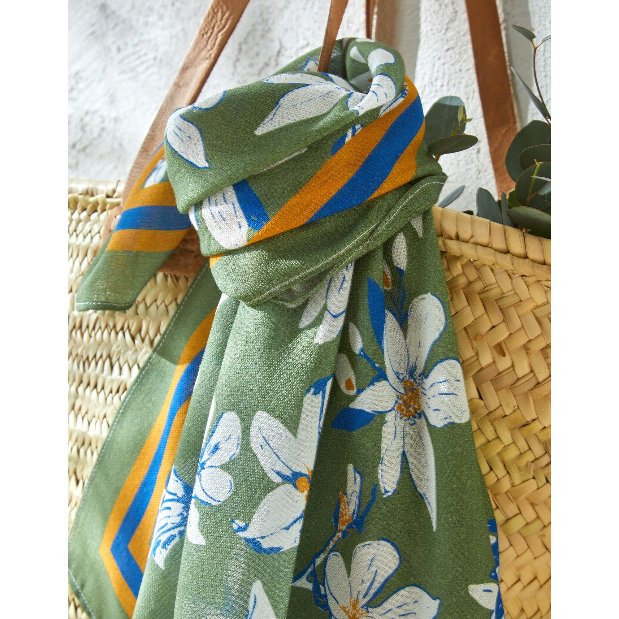 Foulard fabriqué en France imprimé fleurs, 98x98 cm, coton biologique