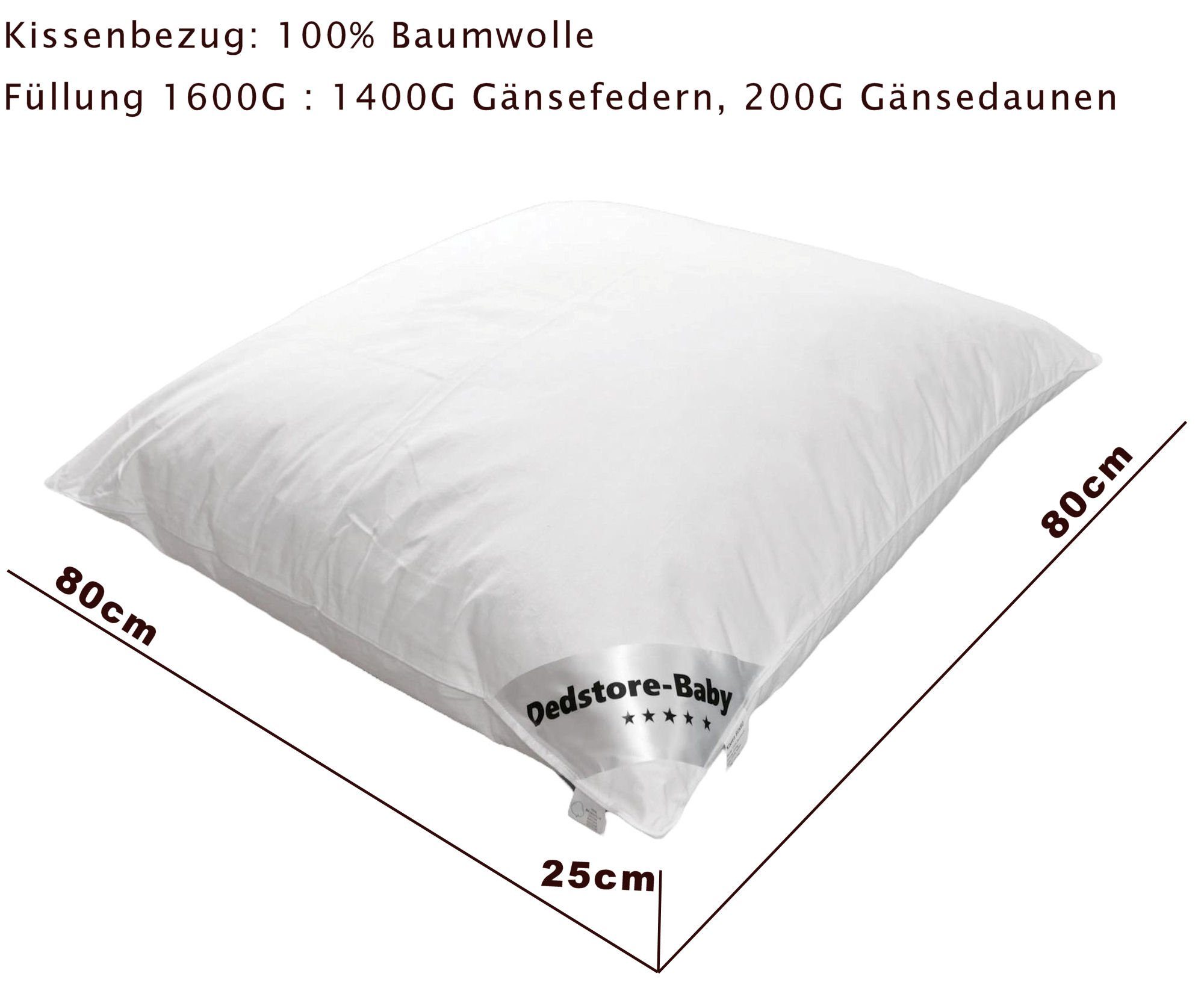 3-Kammer-Kopfkissen Drei Kammer Kissen 80x80 cm Füllung 1600g Naturprodukt, Dedstore-Baby, Füllung: Gänsedaunen / Gänsefedern, Bezug: Baumwolle, Ein Kopfkissen, 1-tlg., Für Allergiker geeignet, Trocknergeeignet