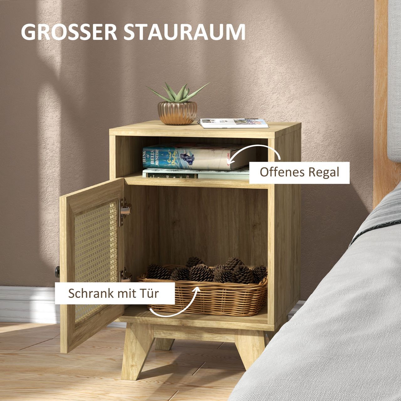 HOMCOM Nachtschrank Nachttisch mit Schrank Beistelltisch mit Ablagefach Natur