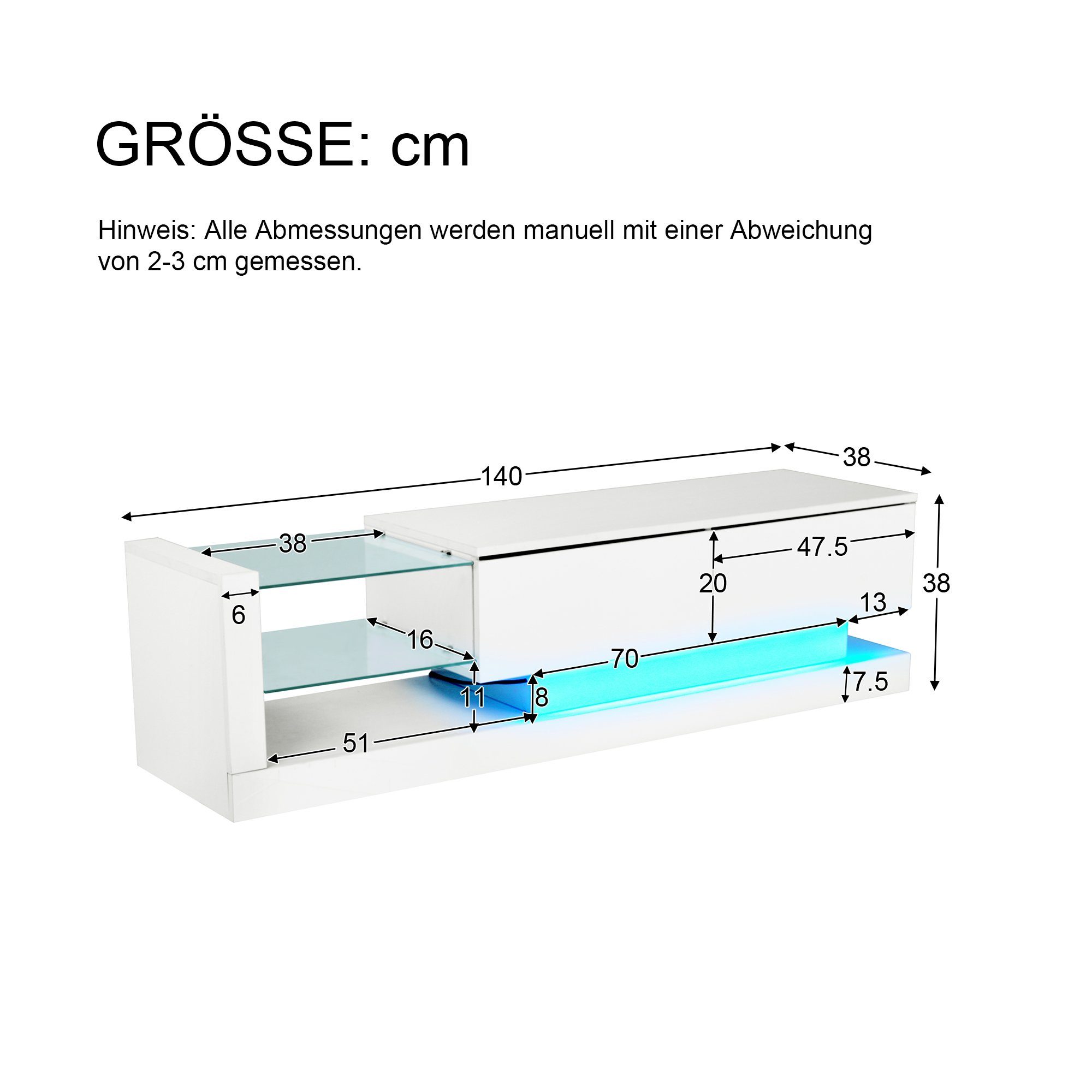 Merax Lowboard mit Glasablagen und LED-Beleuchtung, TV-Schrank hochglanz mit Klapptüren, Fernsehtisch, TV-Board, Breite:140cm
