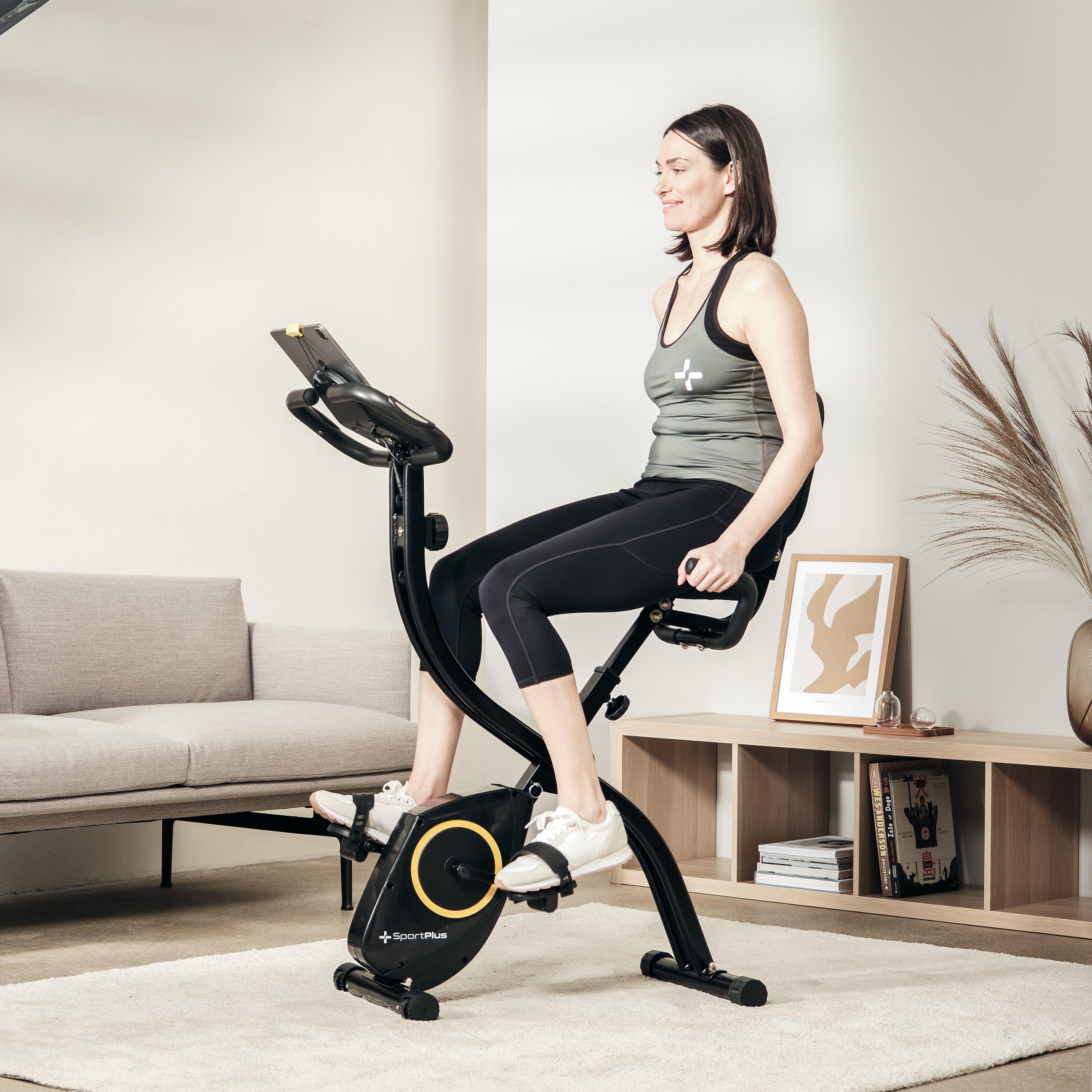 SportPlus Heimtrainer SP-HT-1300-B-iE, Heimtrainer, X-Bike, klappbar für Zuhause, Rückenlehne, 8 Stufen