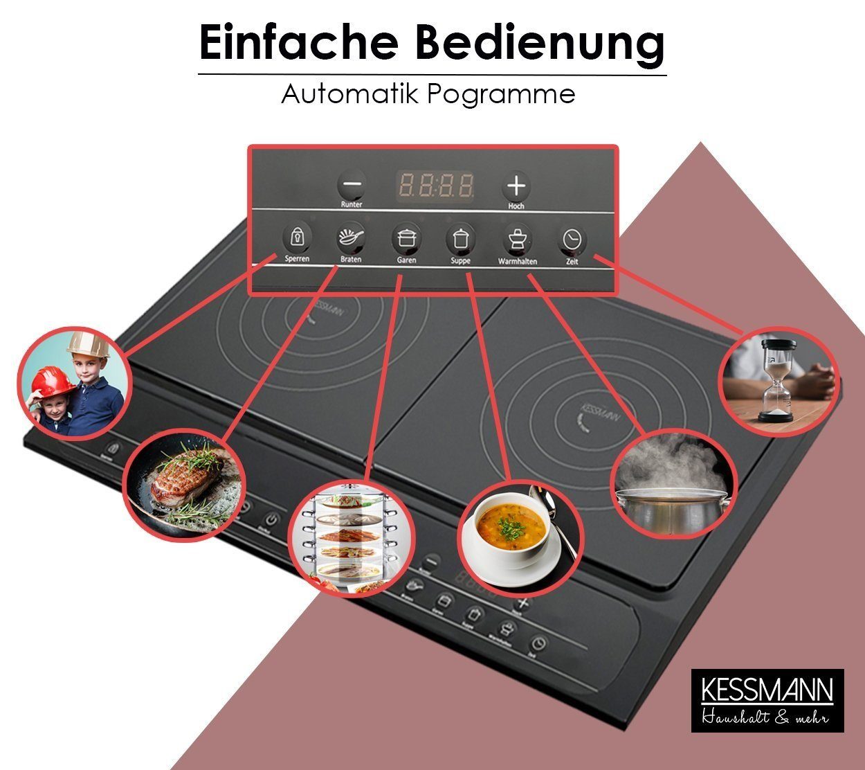 KESSMANN MICHELINO Doppelkochplatte elektrisch Induktion Kochfeld 2 Platten für Induktionsherd mit Timer, Kochplatte Doppelinduktionskochplatte Induktionskochplatte autark LCD