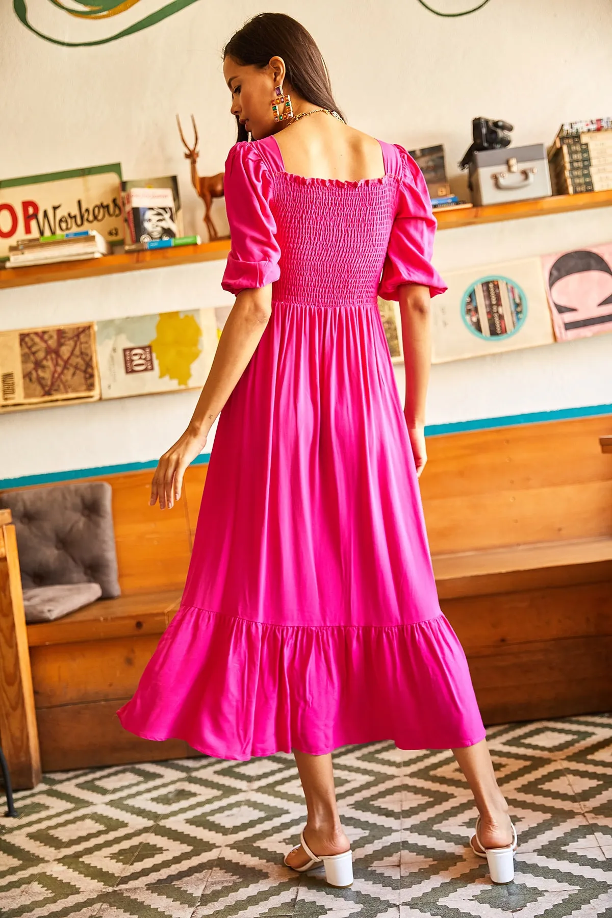 Olalook  Fuchsiafarbenes Bodrum-Kleid mit Gimped-Quadratkragen für Damen ELB-19001557