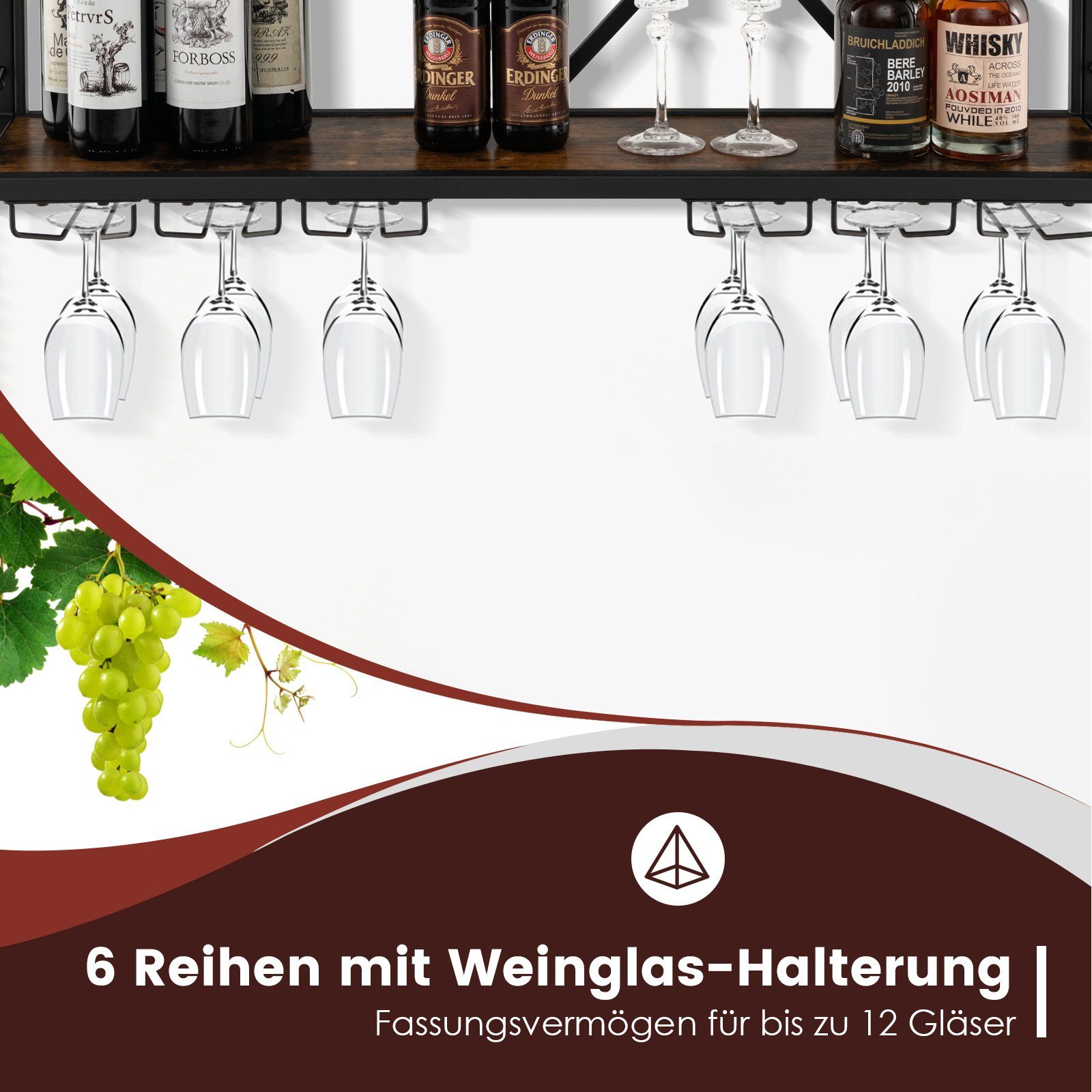 COSTWAY Weinregal, Wand, 2 Ebenen, Metall, 39 Flaschen&12 Gläser, 100x25x45cm