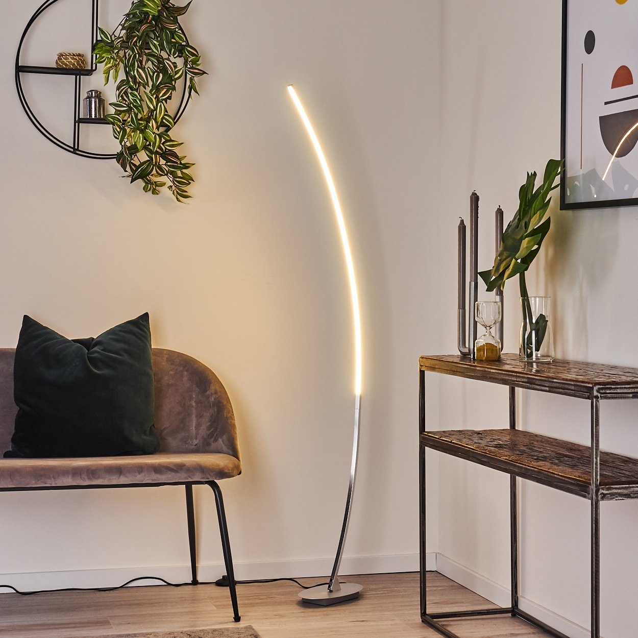 hofstein Stehlampe Brie LED Designer Standlampe in Aluminiumgebürstet, gebogene Stehleuchte mit Fußschalter und Kabel, halbrund, Leselampe