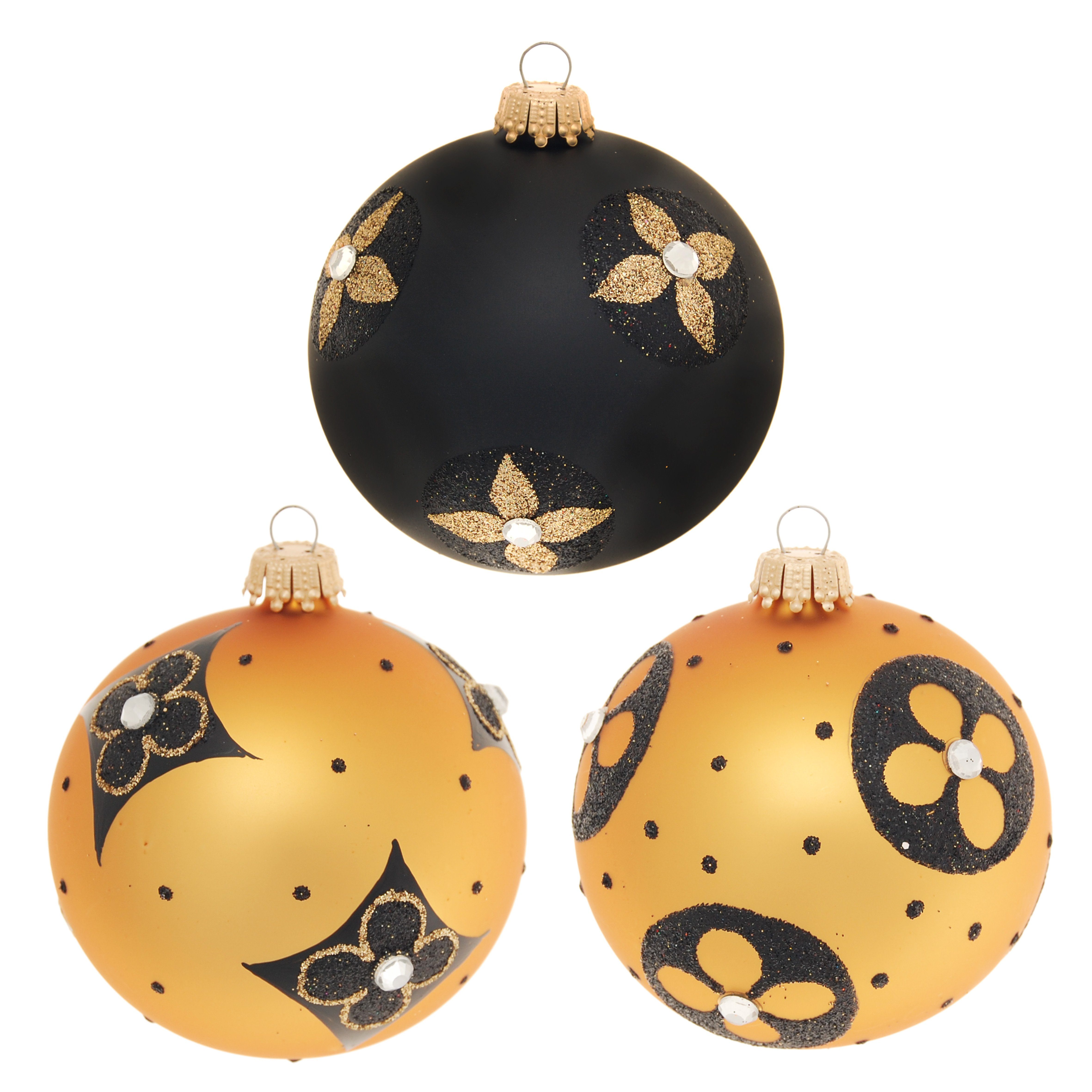 Krebs Glas Lauscha Christbaumschmuck Gold & Schwarz, 3-er Set, stilisierte Blumen, Strasssteine, 8cm