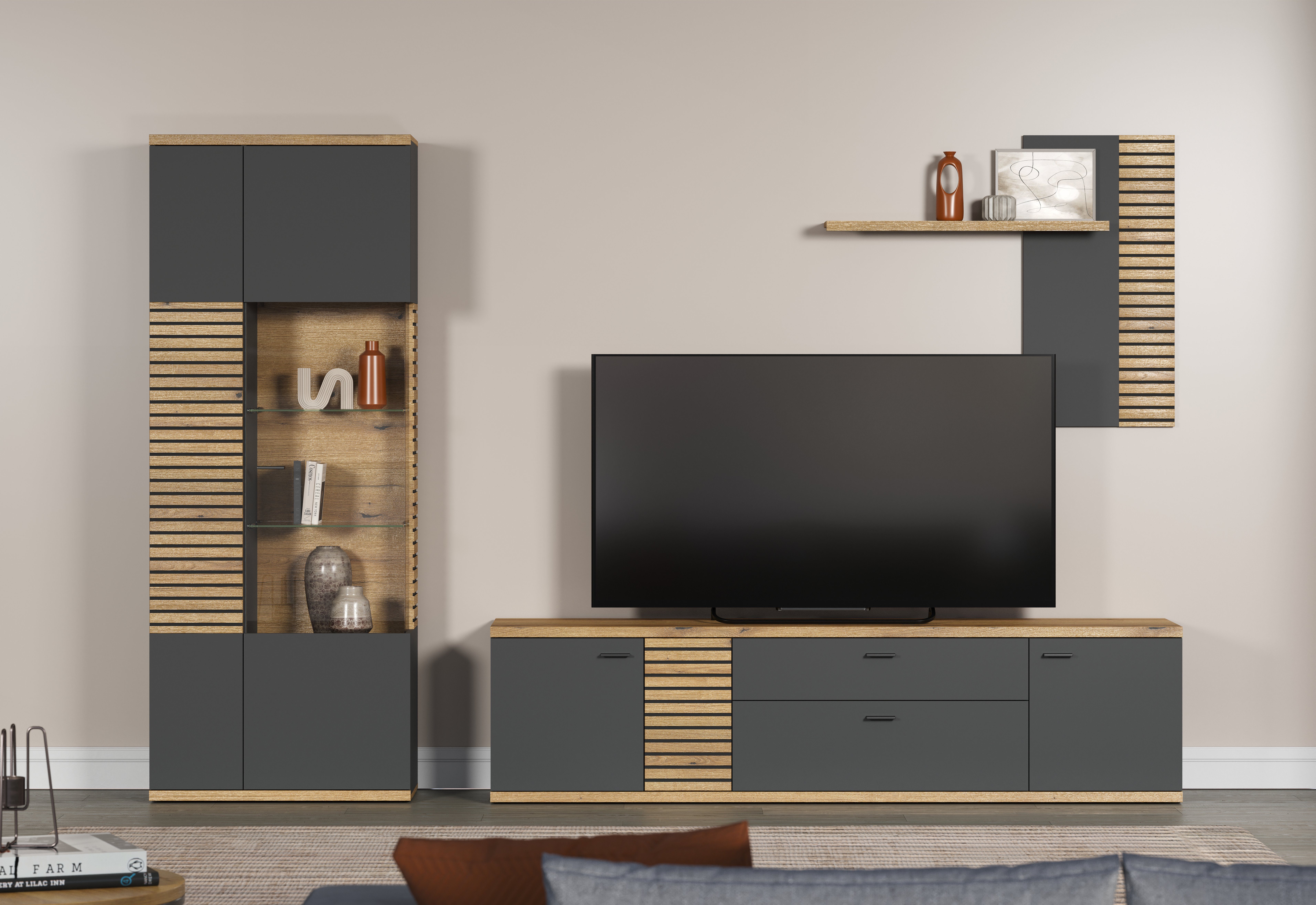 INOSIGN Wohnwand NORRISWW, (Set, 3-St), Wohnwand-Set in Anthrazit mit Coast Evoke Eiche, Türen mit Soft-Close