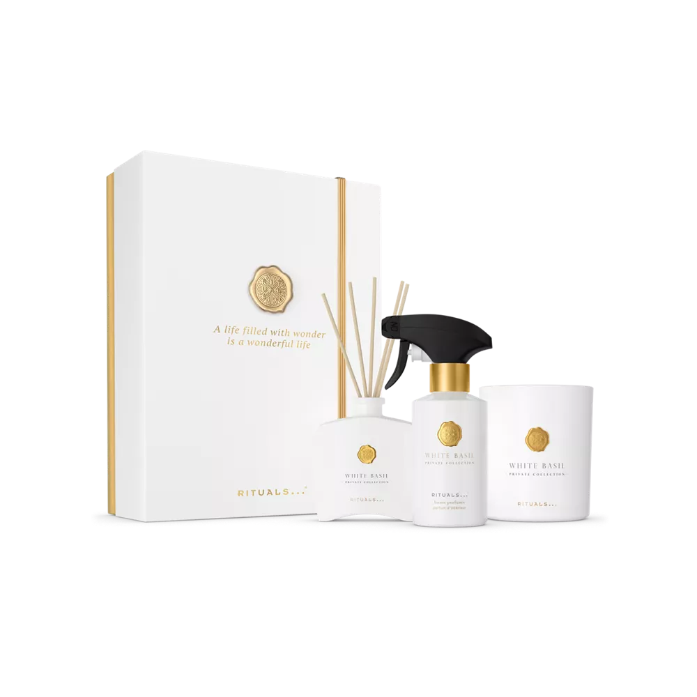 Coffret cadeau Private Collection Basilic Blanc : bougie parfumée L 360 g, mini bâtonnets parfumés 100 ml, parfum d’intérieur 250 ml