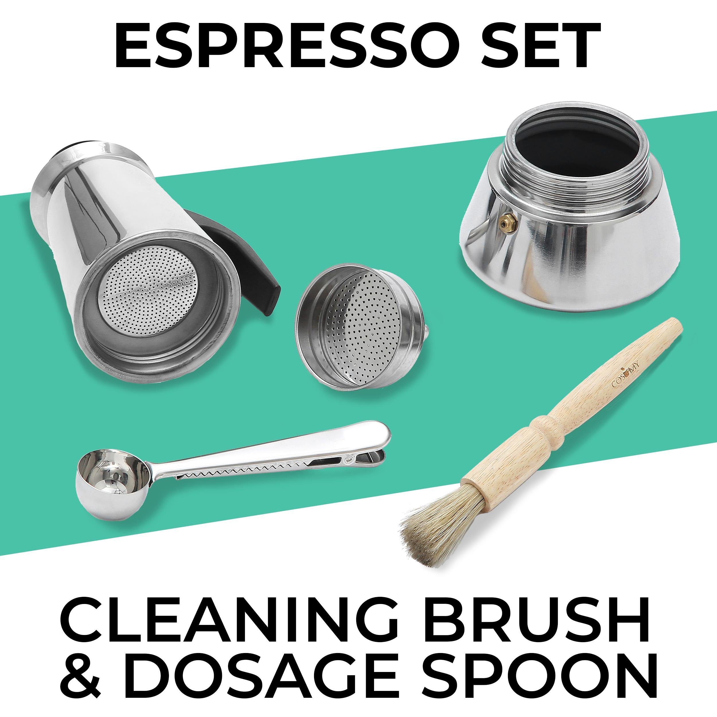 Cosumy Espressokocher Cosumy Espressokocher Set für 6 Tassen, mit Reinigungsbürste und Dosierlöffel - Induktion geeignet - Edelstahl Rostfrei