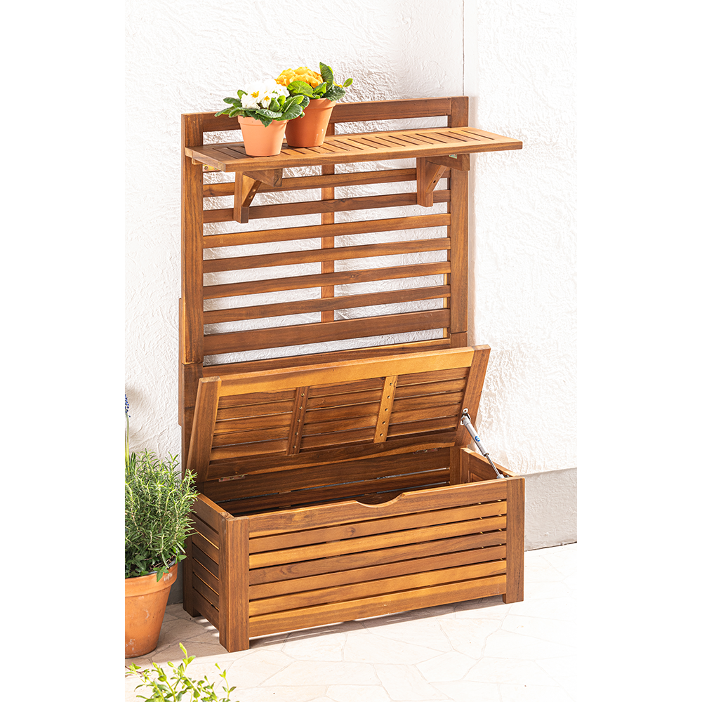 HC Garten & Freizeit Blumenregal aus Akazienholz mit Aufbewahrung & Sitzbank ca. 32 x 70 x 117 cm