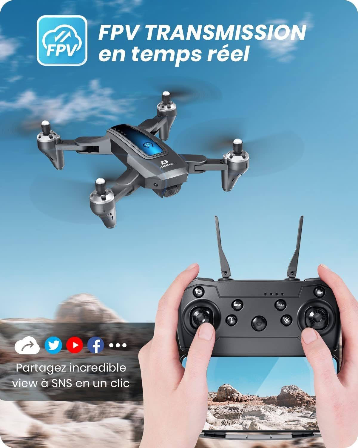 DEERC D10 Faltbare Drohne mit Kamera für Erwachsene FPV Live Video Drohne (HD 1920 x 1080p, mit 2 Batterien 24 Minuten Höhenhaltung Quadcopter für KinderAnfänger)