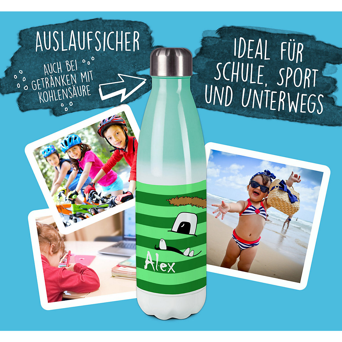 Edelstahl Kinder Thermoflasche / Trinkflasche bunt Monster Streifen Farbe grün Spülmaschinenfest, Auslaufsicher, Bruchfest, Doppelwandig, Für Heißgetränke geeignet, Mit Deckel, Isoliert