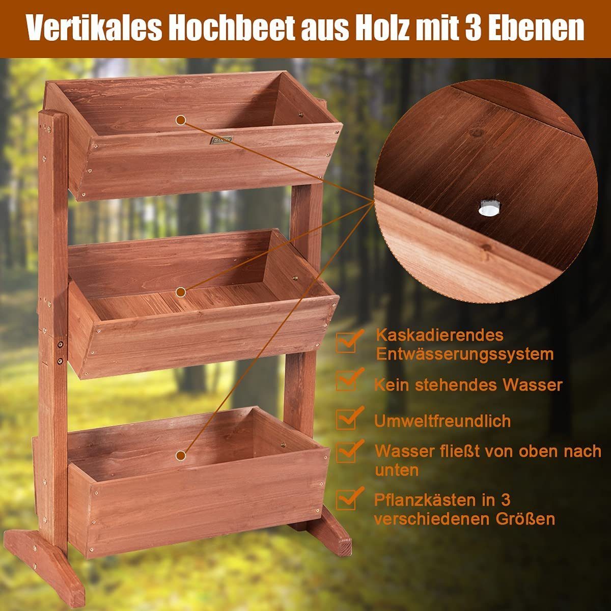 KOMFOTTEU Hochbeet 3 Etagen Blumenbeet, aus Tannenholz