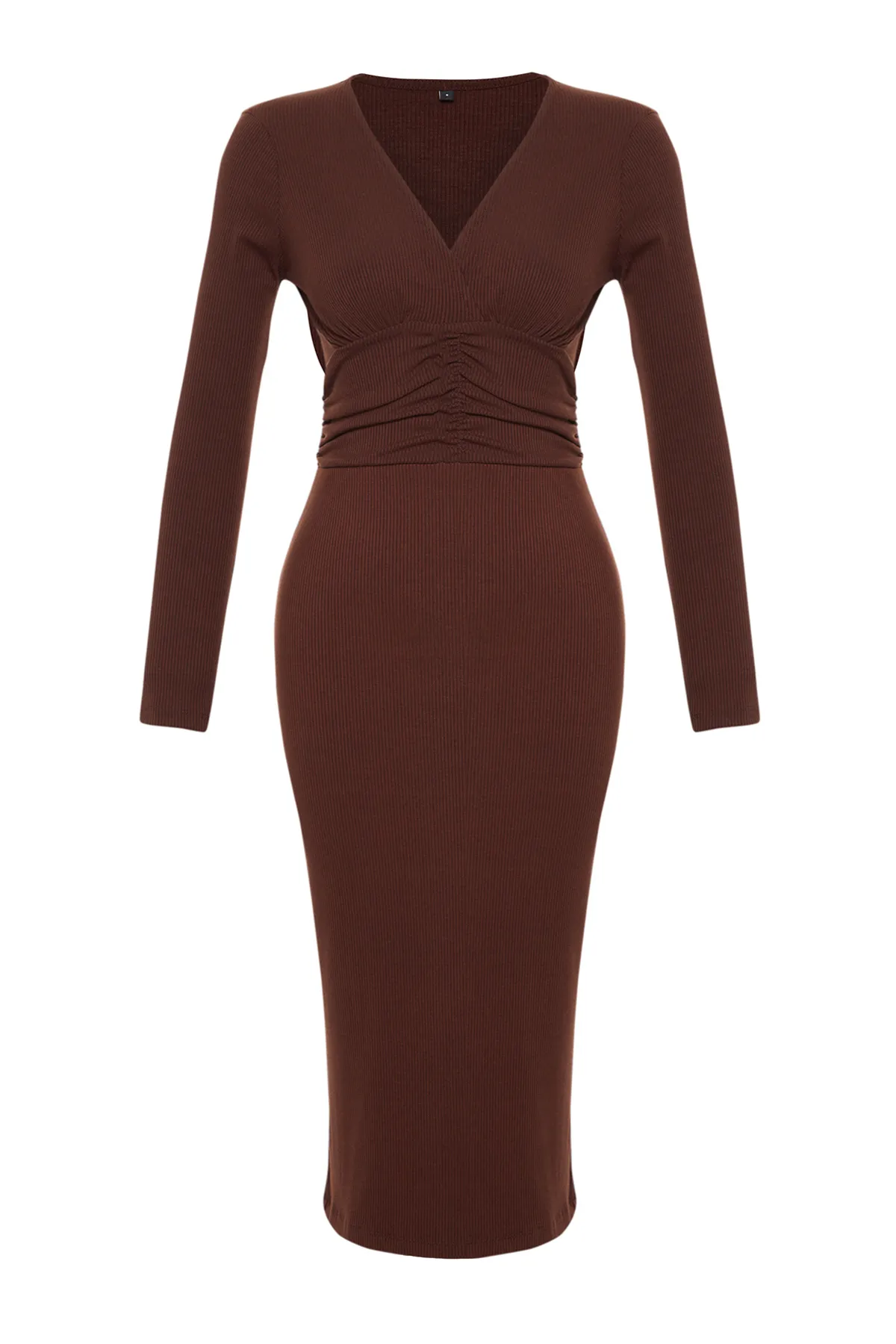 Trendyol Collection  Braunes Maxi-Strickkleid aus strukturiertem Stoff mit V-Ausschnitt und Taillendetail TWOAW24EL00791