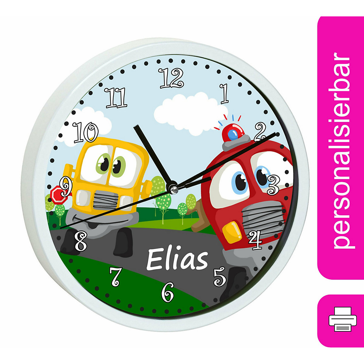 Kinder Wanduhr personalisiert mit Name Auto-Cartoon