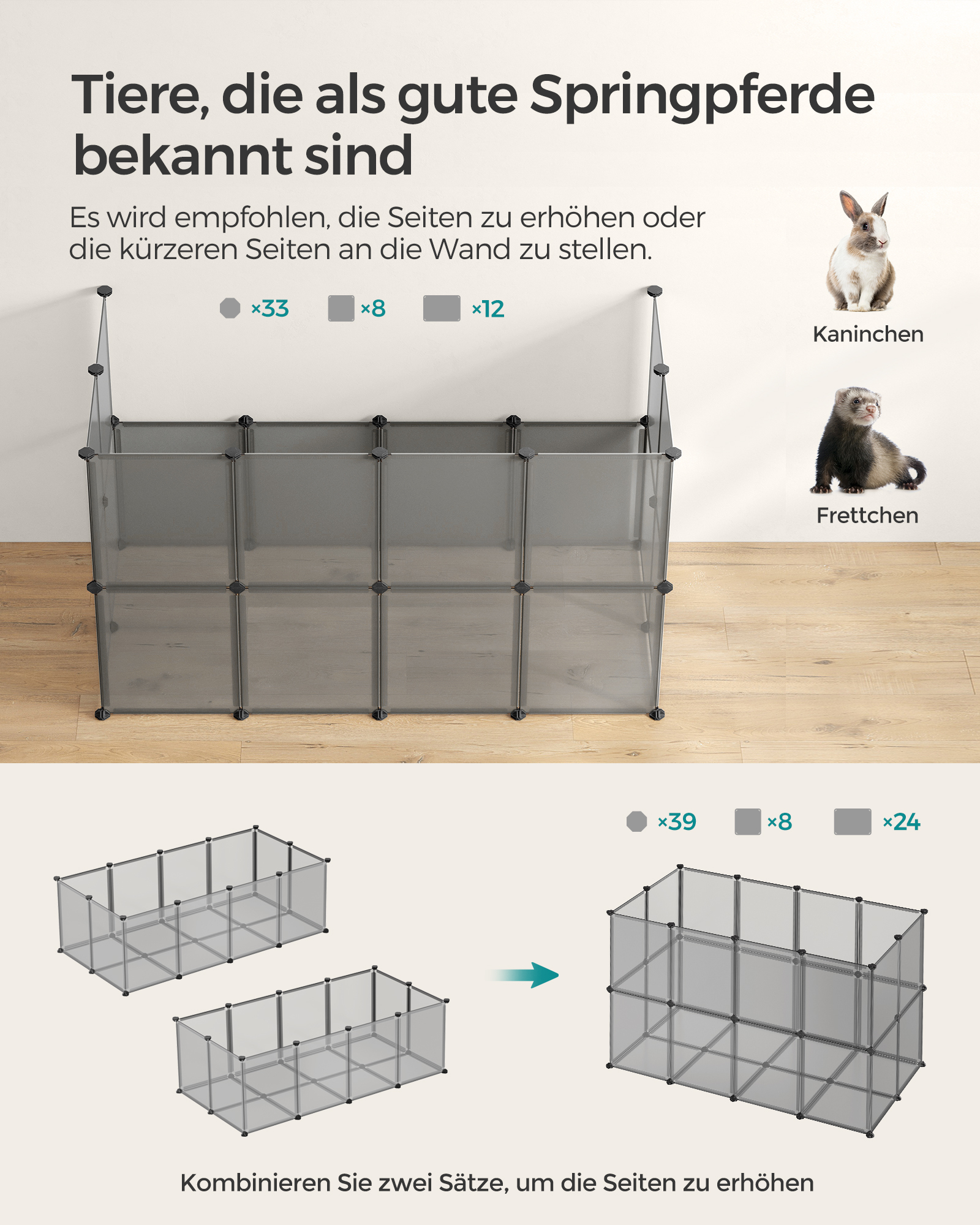 SONGMICS Freigehege SONGMICS L-XL Freigehege mit Bodenplatten grau 1,43 m, 73 cm, 46 cm
