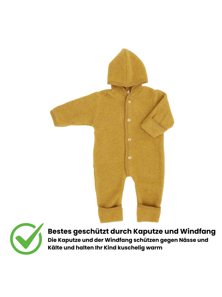 Kinderhaus Blaubär Baby-Overall mit Kapuze, Holzknöpfen & Mulltuch Blaubaer in Safran Melange günstig kaufen 50/56