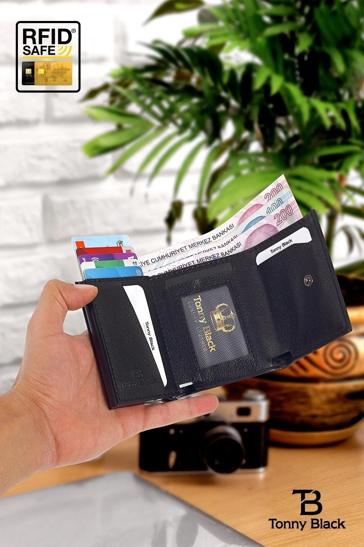 Tonny Black  Originale RFID-Schutz-Geldbörse mit Automatikmechanismus und Diebstahlschutz, mit Geld- und Kartenhalter
