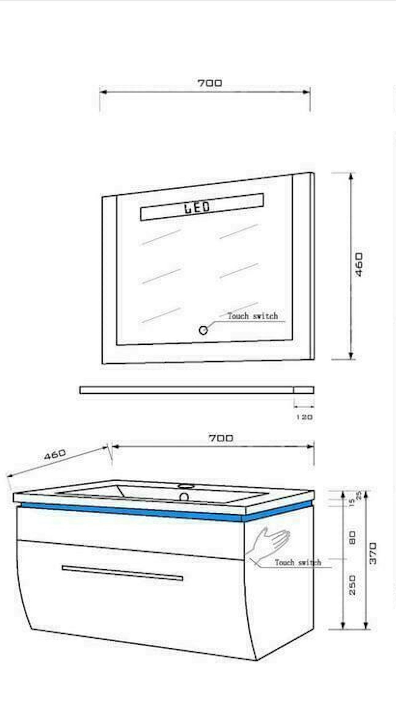 Homeline Badmöbel-Set Badmöbel Set montiert Schwar Weiß Hochglanz Badezimmermöbel 70 cm, (Wählbar, Set Angebot), Vormontiert