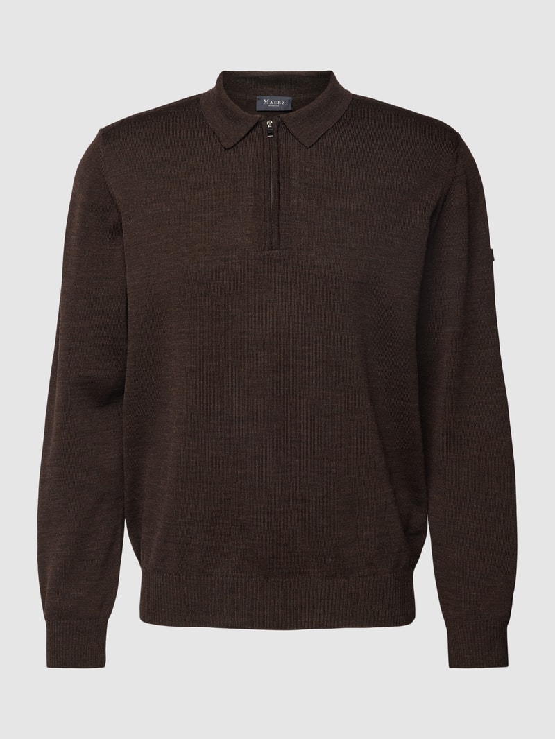 Strickpullover mit kurzem Reißverschluss Modell 'POLO ZIP' in dunkelbraun