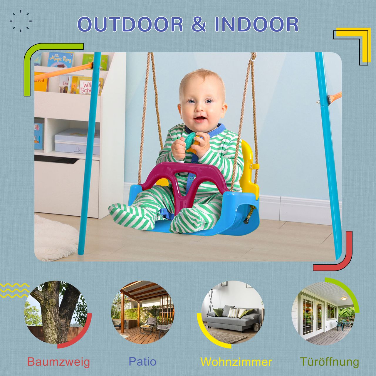 Outsunny 3-in-1 Babyschaukel, Kinderschaukel mit verstellbarem Seil, Blau