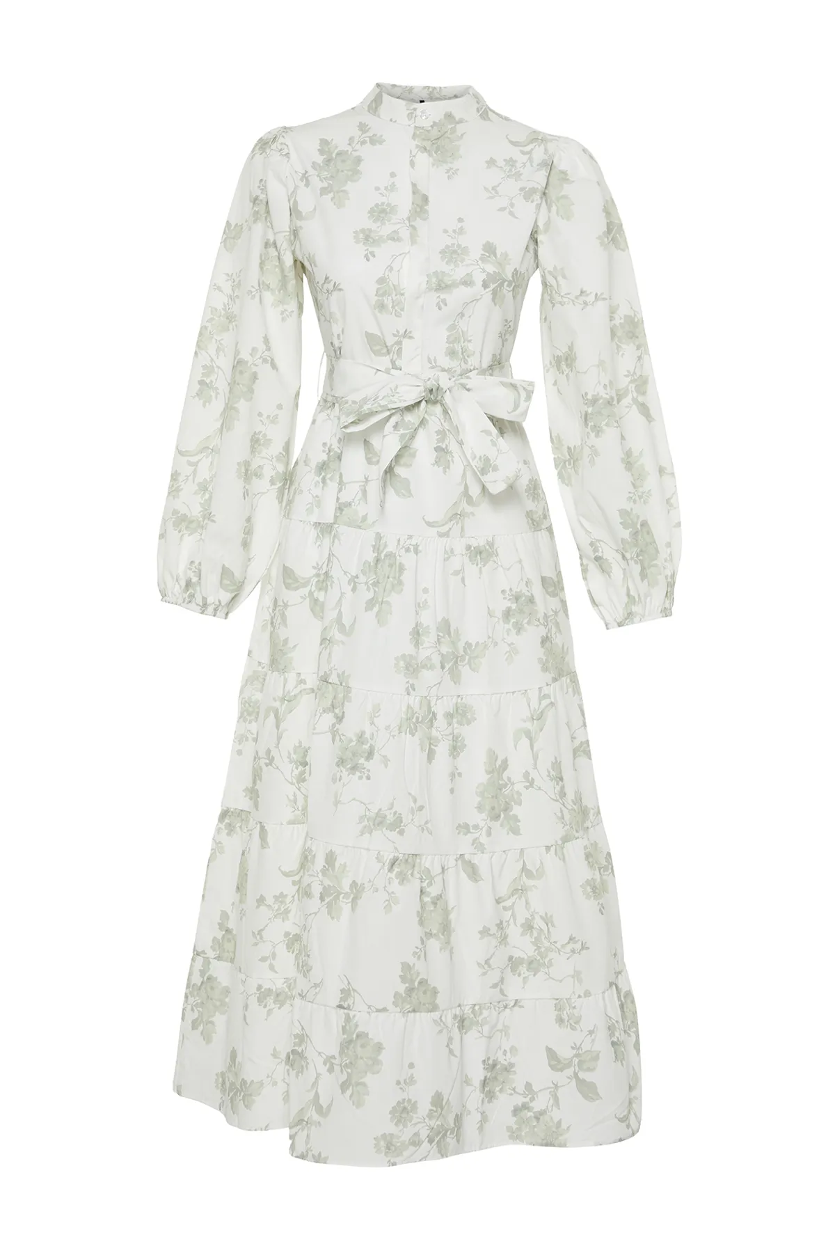 Trendyol Modest  Ecrufarbenes, gewebtes Kleid aus Popeline mit Stehkragen und Blumengürtel TCTSS24EB00153