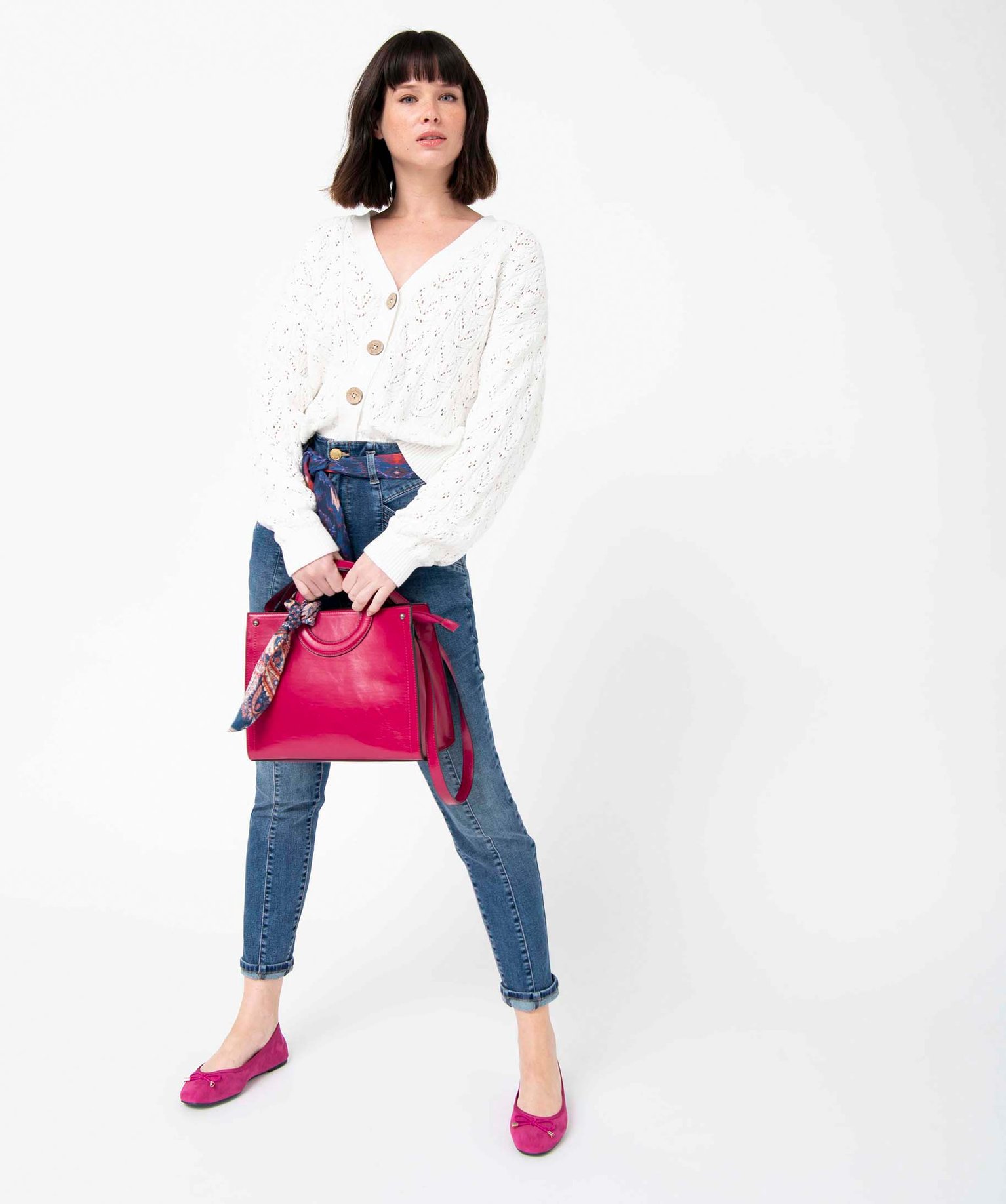 Jean femme taille haute avec surpiqres et ceinture foulard stone | GEMO