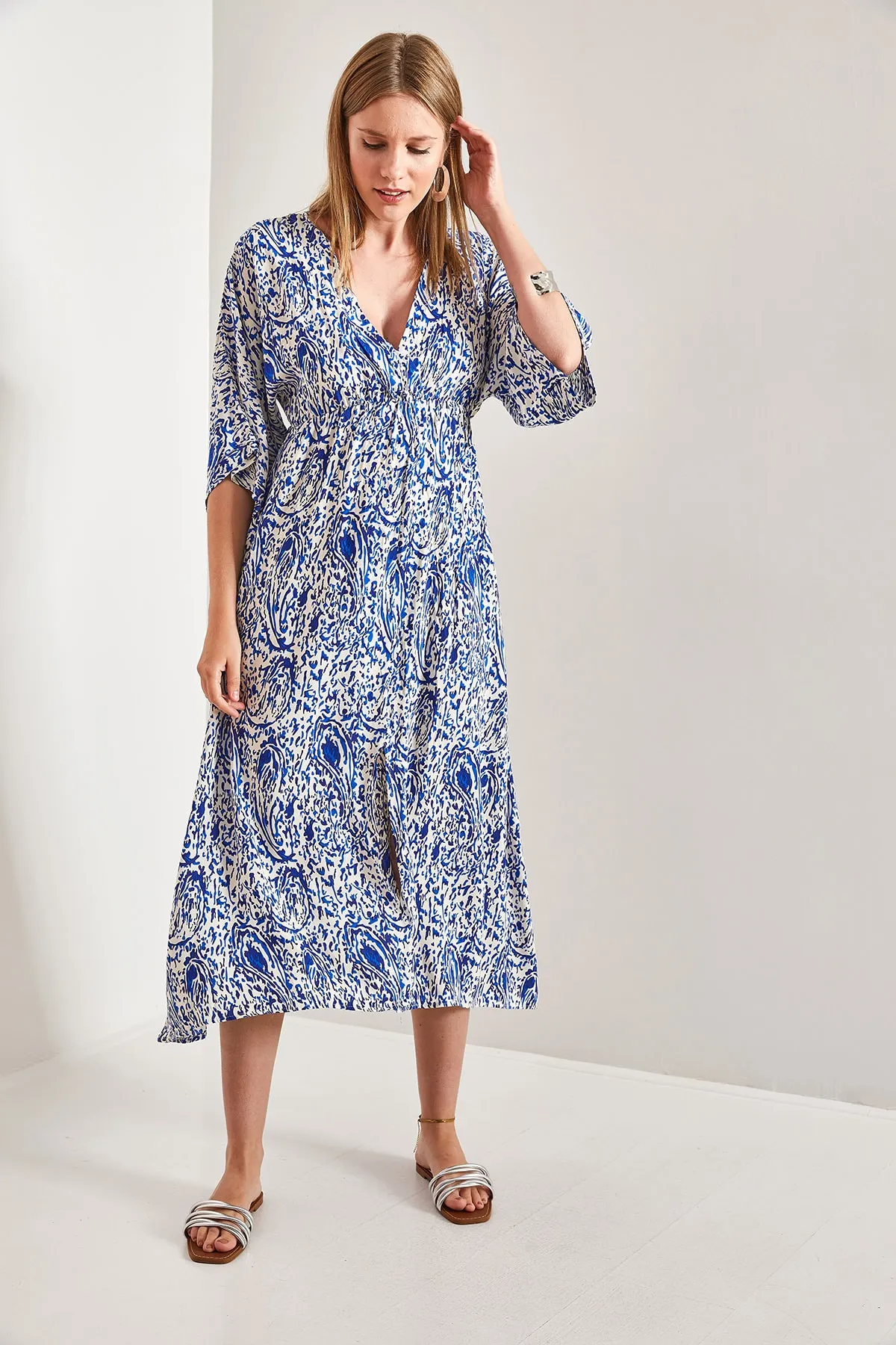 Bianco Lucci  Mehrfarbig gemustertes, zweireihiges, ausgestelltes Kleid mit Kragen für Damen