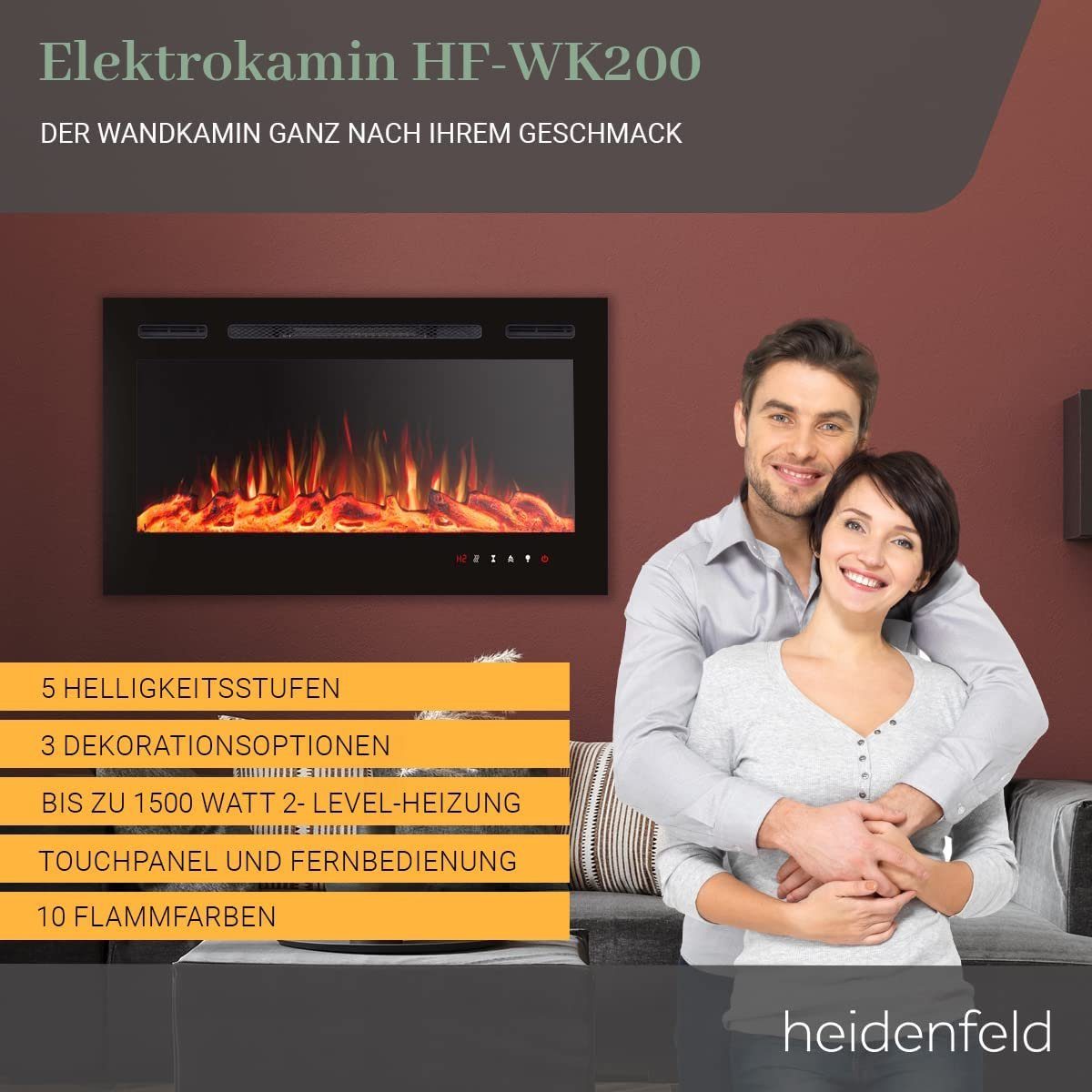 Heidenfeld Elektrokamin Kamin Heizung Wandkamin HF-WK200 750/1500 Watt inkl. 3 Jahre Garantie, 3D Flammen - 10 wählbare LED Farben - Fernbedienung - Elektroheizung