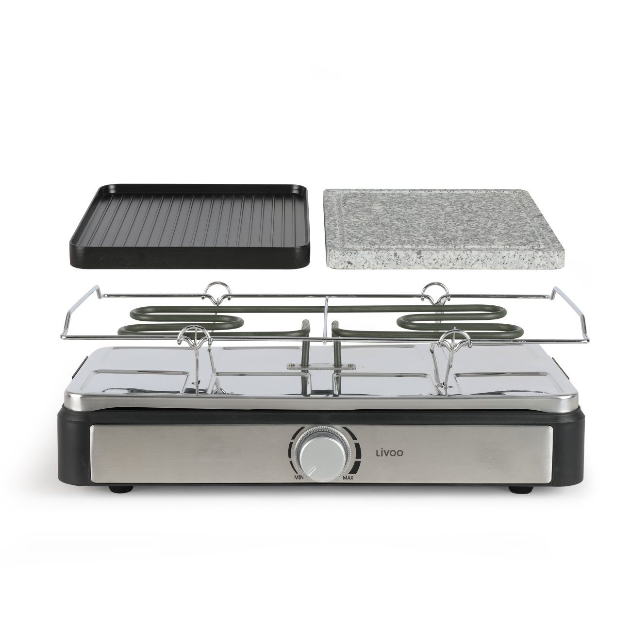 LIVOO Raclette LIVOO Raclette Grill für 8 Personen Tischgrill Raclettegrill DOC258, 8 Raclettepfännchen, 1400,00 W, Raclettepfännchen, Holzspatel, 2 abnehmbare Grillplatten, Drehregler