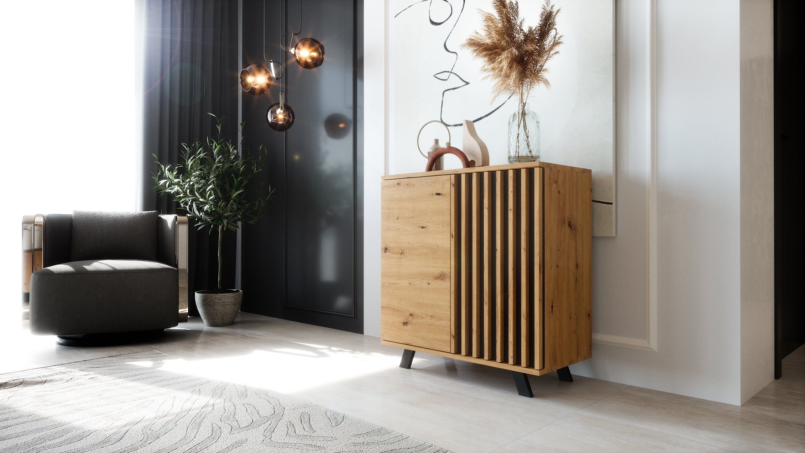 Newroom Sideboard Barea, Wildeiche Sideboard Modern Wandpaneel Vintage Highboard Anrichte