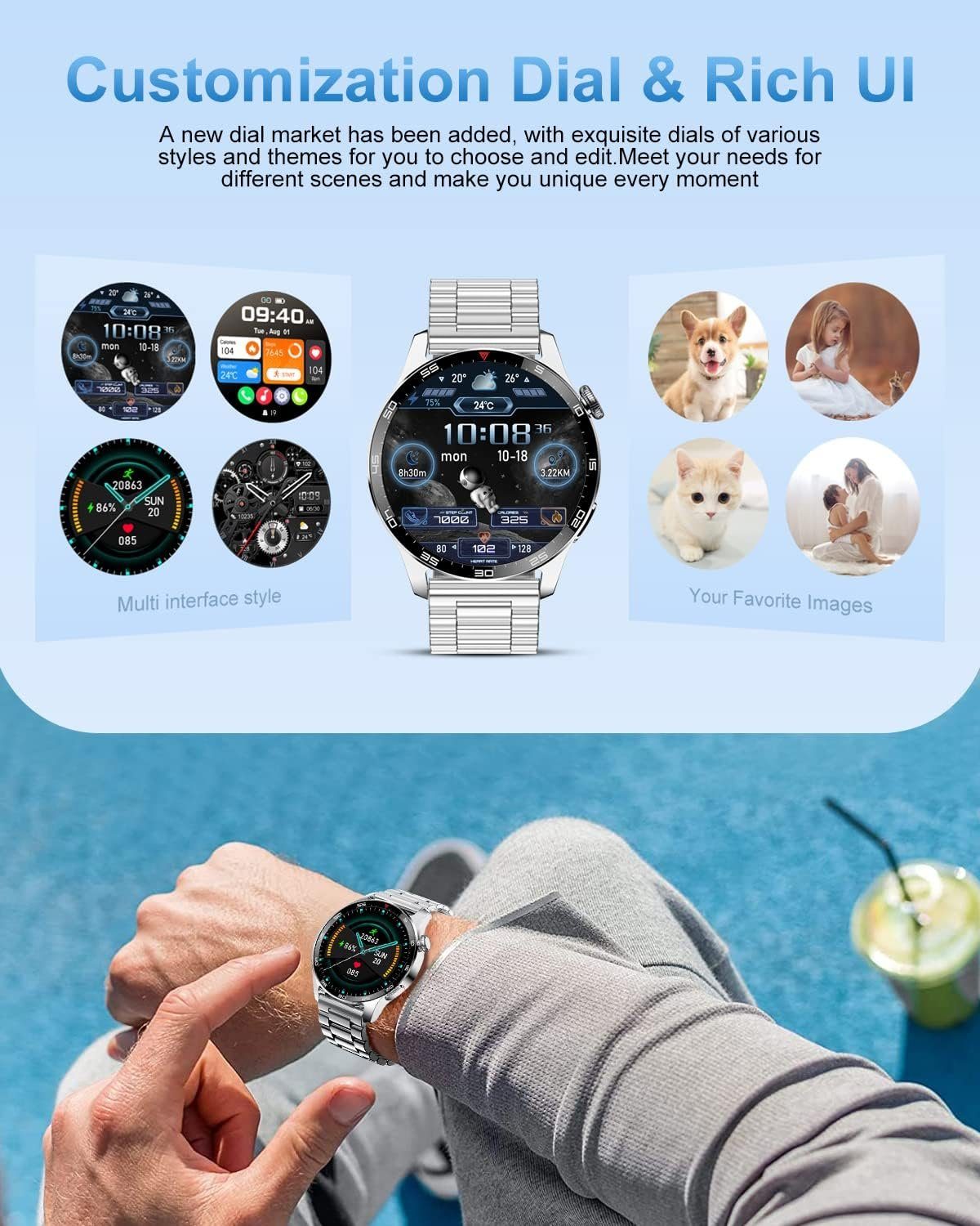 Lige Smartwatch (1,32 Zoll, Android iOS), für Herren mit Bluetooth Telefonfunktion Fitness Tracker Sportuhr