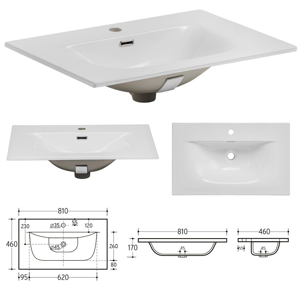 Lomadox Badmöbel-Set XANTEN-56, (3-St), anthrazit, Wotan Eiche Nb schwarz gerillt, Waschtisch, Hochschrank