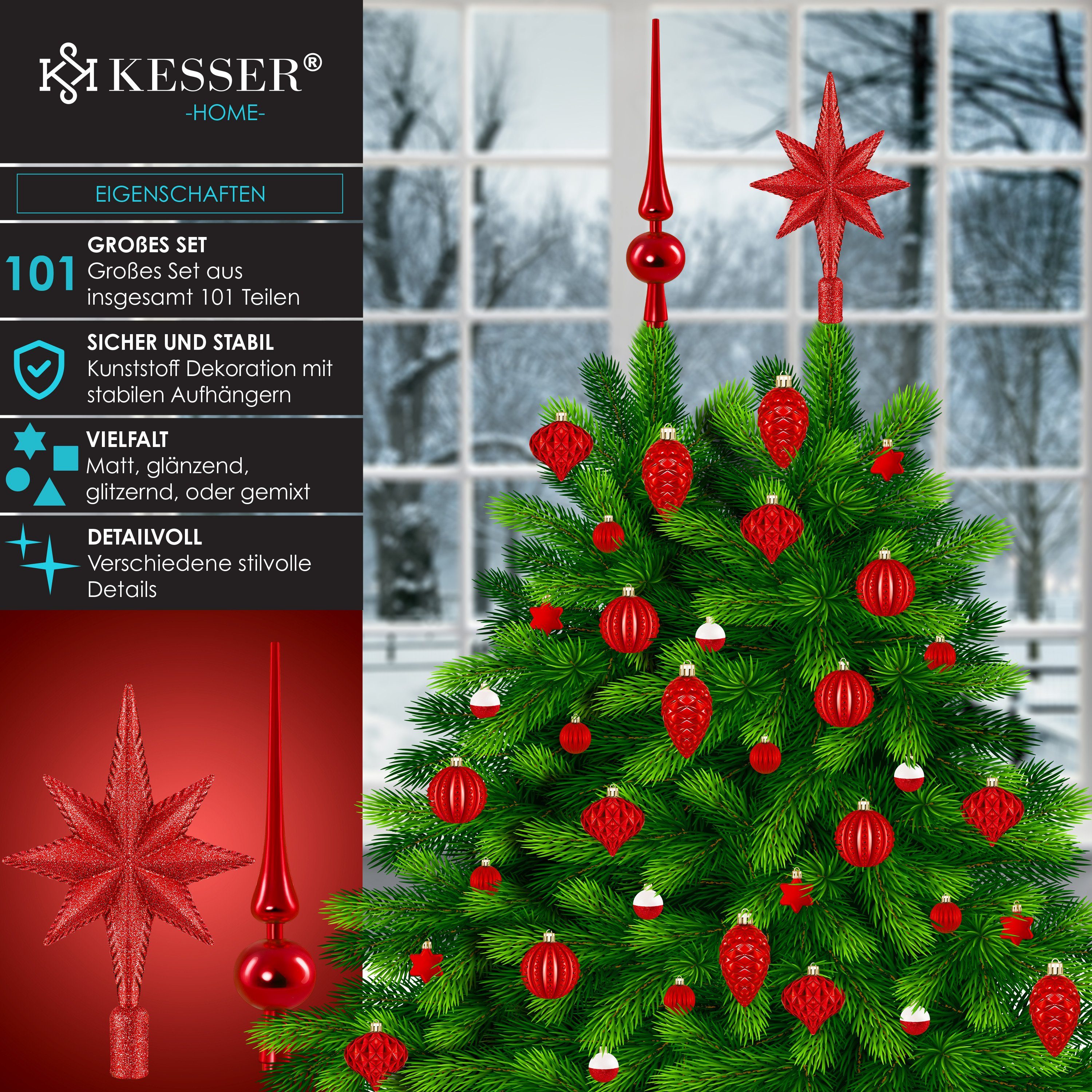 KESSER Christbaumschmuck (101-tlg), Weihnachtskugeln 101-teiliges Set Baumspitze Christbaumk