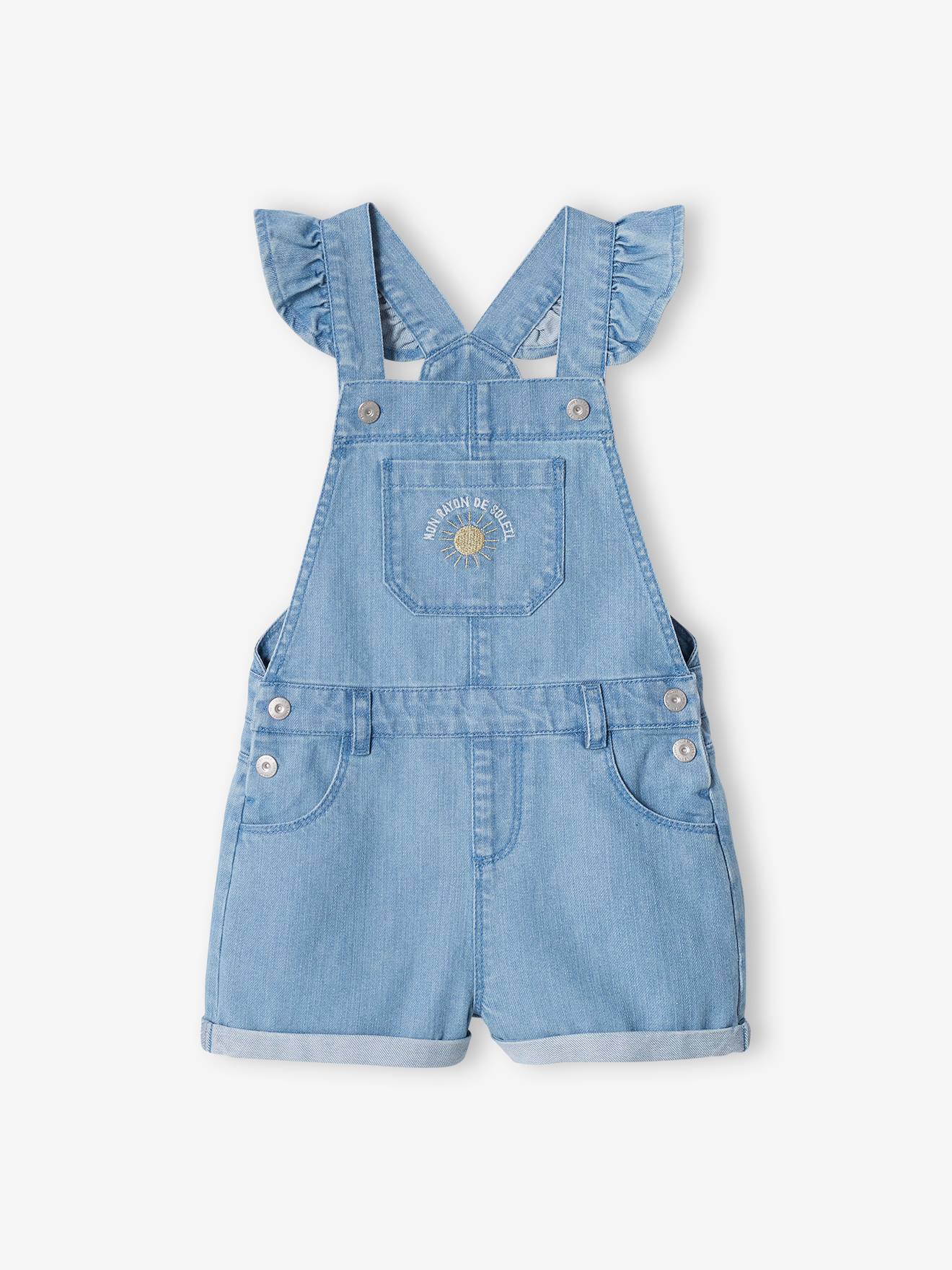 Vertbaudet Kurze Mädchen Latzjeans mit Volant-Trägern - double stone
