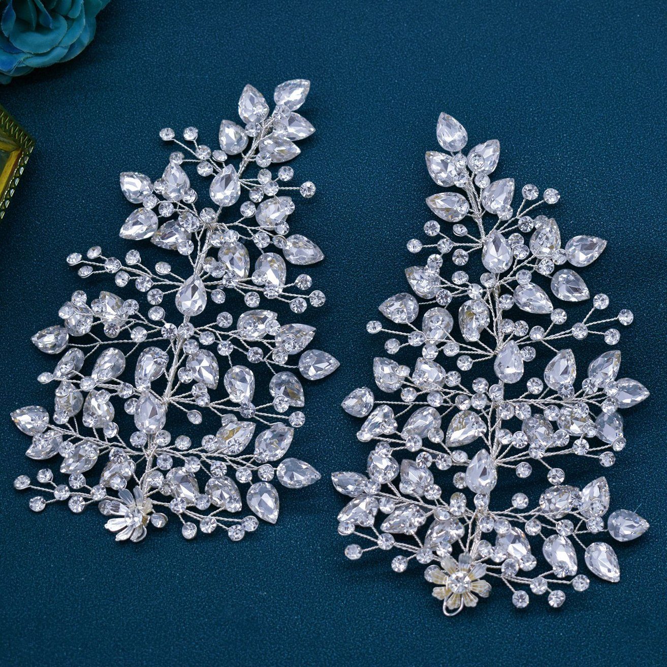HOHEA H Haarband Silberne Kristall-Haarranke mit Blumenblatt-Haarschmuck, 1-tlg., Silberner Haarschmuck, Blumenhaarnadeln, Kristallkrone, Kristall-Stirnband, Hochzeits-Haarschmuck, Braut-Haarschmuck