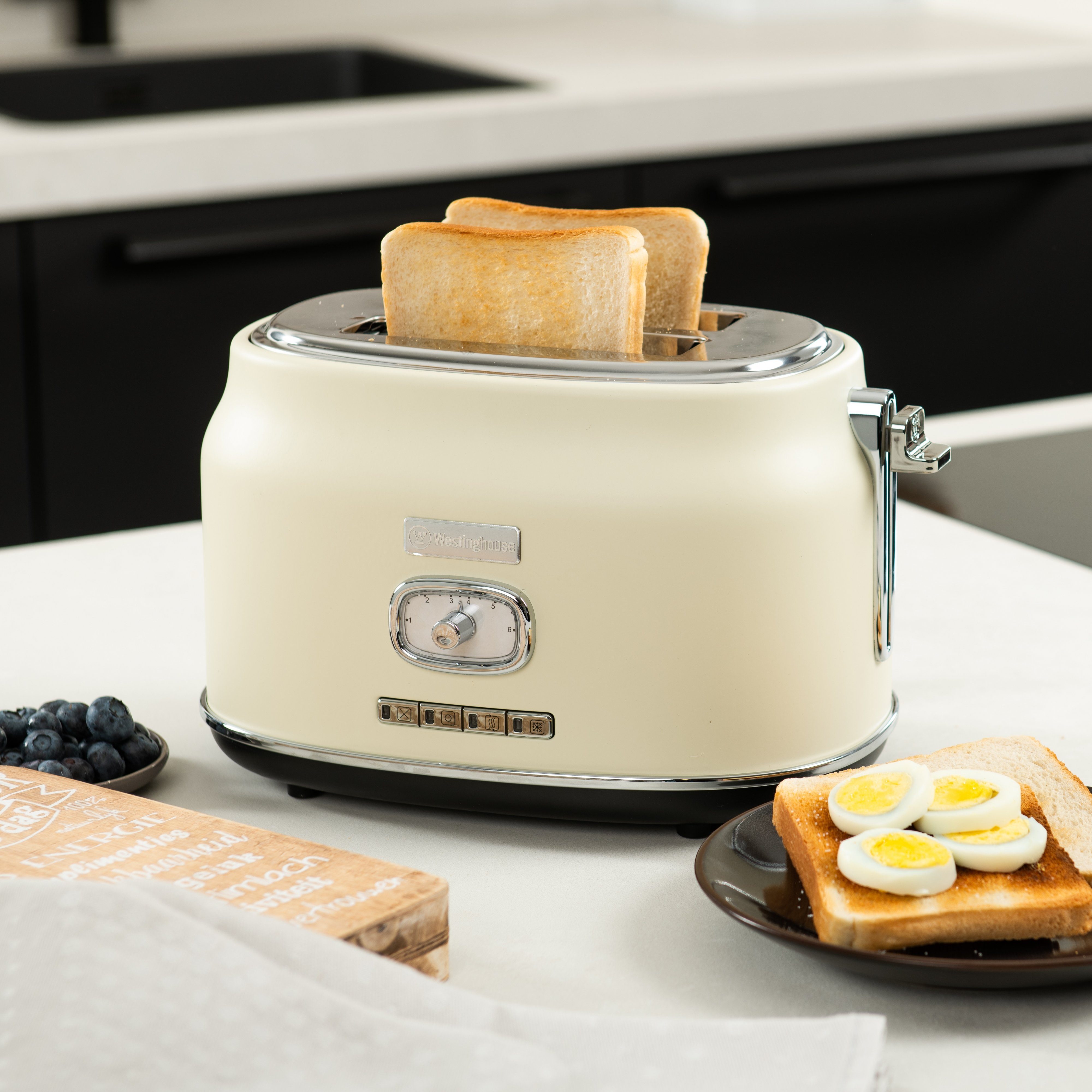 Westinghouse Toaster Retro Früstücksset, 2 kurze Schlitze, für 2 Scheiben, 815 W, Wasserkocher 1,7 L Volumen 2200 W 360° Sockel