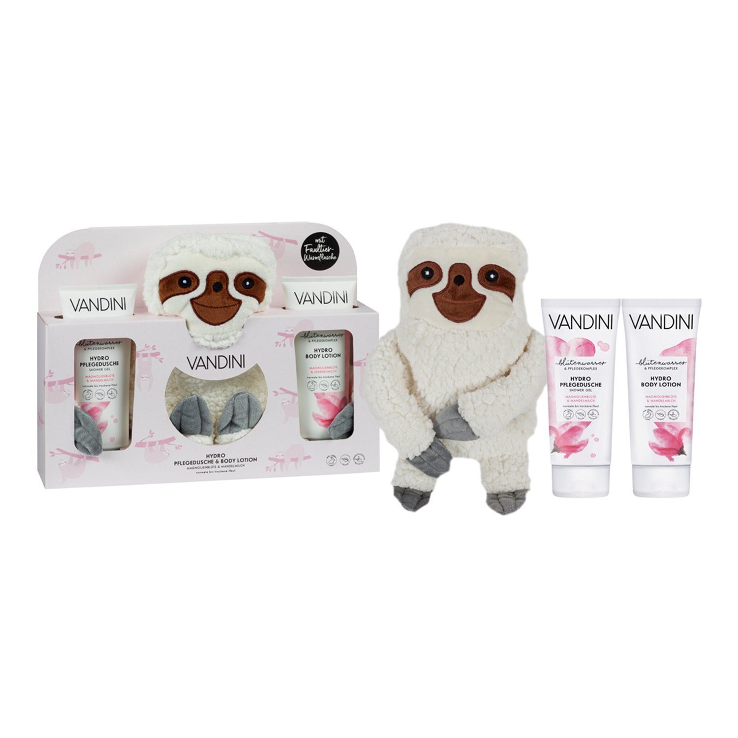VANDINI Hautpflege-Set Geschenkset, Faultier Wärmflasche, Hydro Duschgel & Body Lotion, 1-tlg.