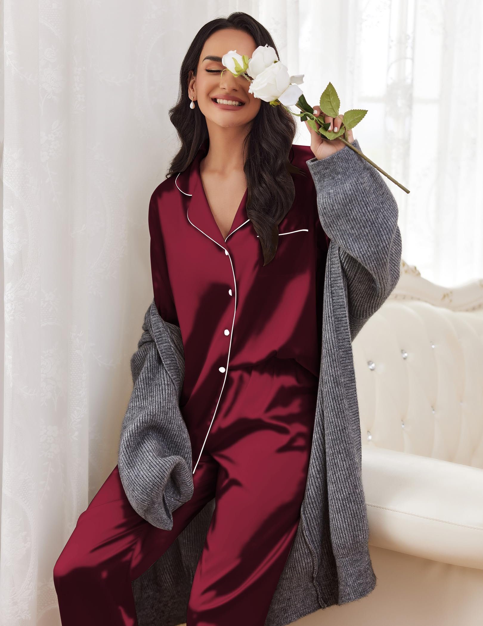 Sarfly Pyjama Satin Pyjama Damen Schlafanzug Langarm Pyjamas Set mit Knopfleiste Nachtwäsche V-Ausschnitt Zweiteiliger Pjs Sets