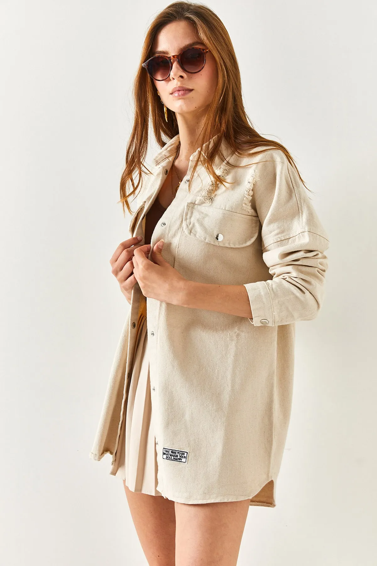 Olalook  Dickes Damenhemd mit abtrennbarem Stein und Patch-Detail CKT-19000169