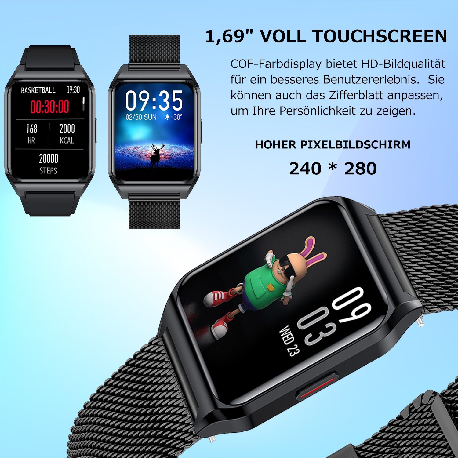 Mutoy Smartwatch, Fitness Tracker Uhr mit Anruffunktion für Damen Herren Smartwatch (1,69 Zoll HD Voll Touchscreen Zoll), mit Wechselband aus wechem Silikon und Milanaise Uhrenarmbänder, inkl.Ladestation(magneitsches Ladekabel), Herzfrequenz-Sensor