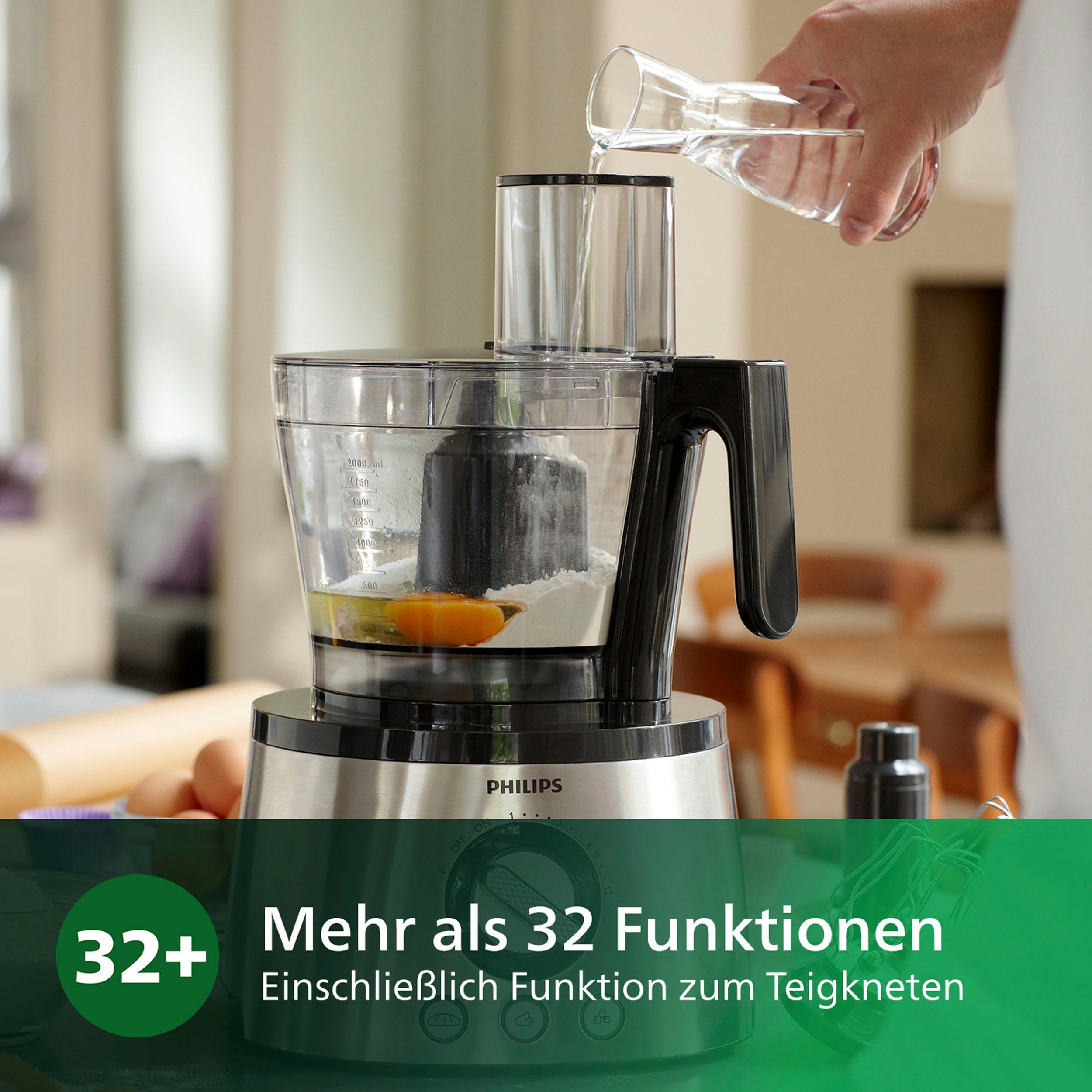 Philips Kompakt-Küchenmaschine HR7778/00, 1300 W, 2 l Schüssel, inkl. Knethaken, Entsafter, Standmixer und Zitruspresse