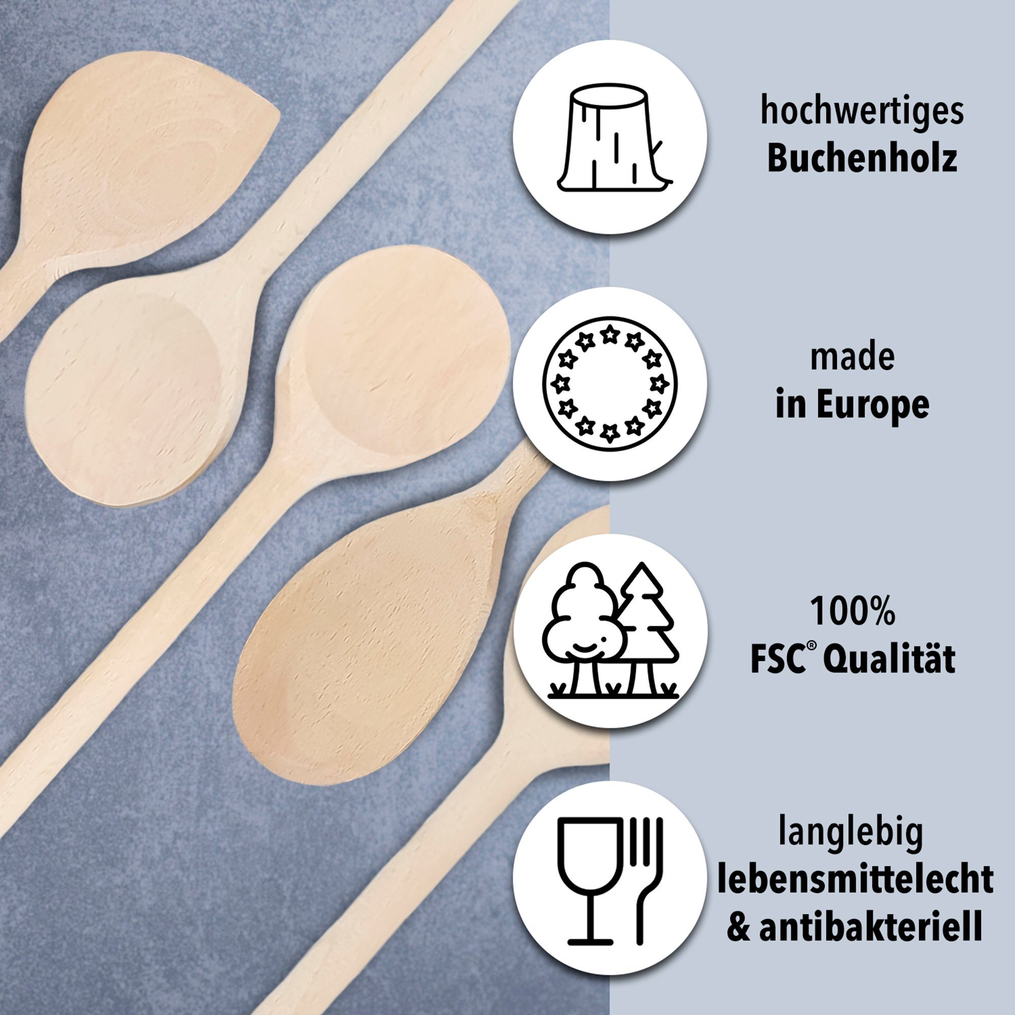 SOHFA Kochlöffel 5er Set Buchenholzlöffel 25-32cm Holzkochlöffel hergestellt in Europa, 100% FSC®