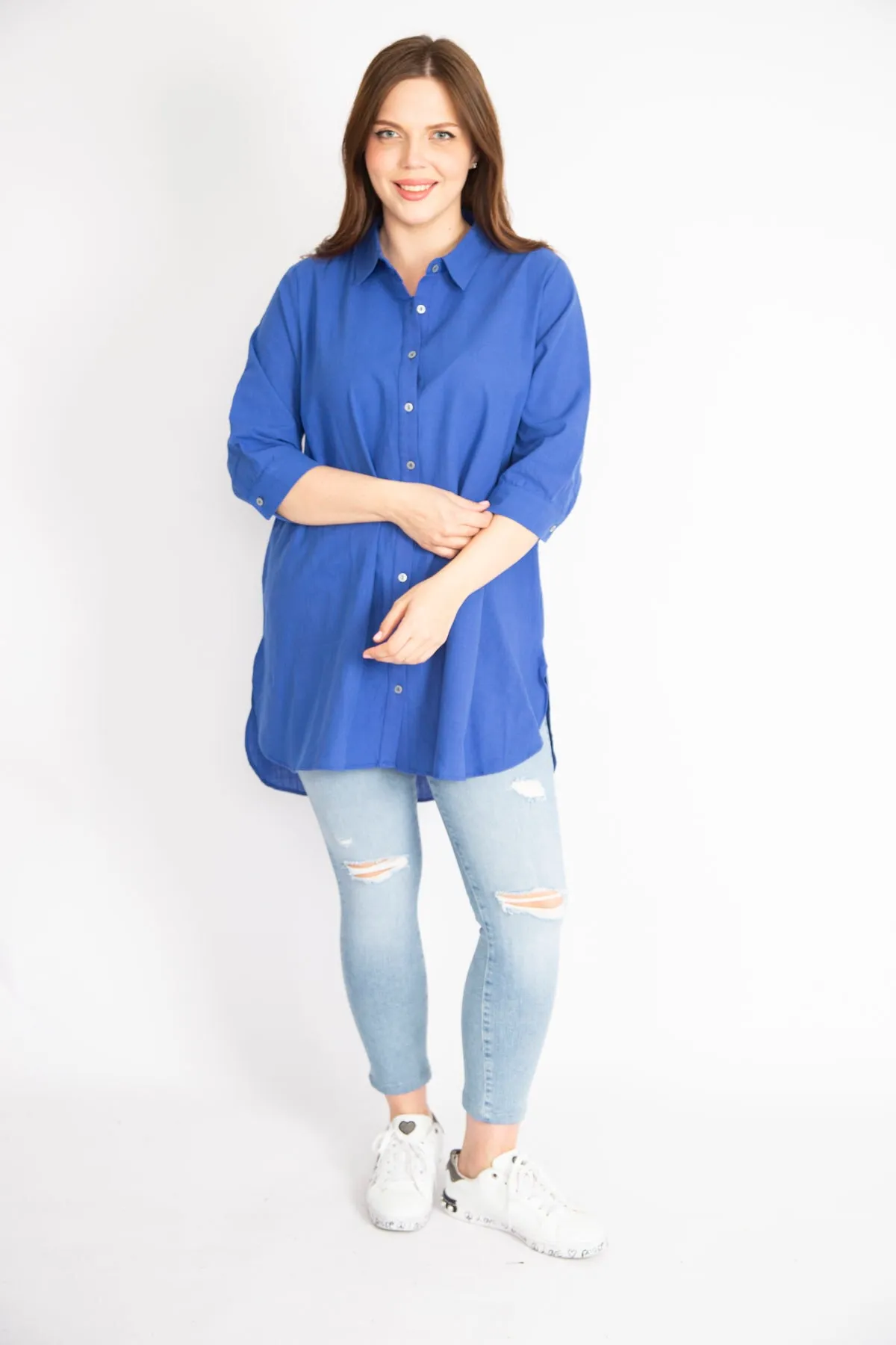 Şans  Damen-Hemd von Saks, groß, aus gewebtem Stoff, vorne geknöpft, mit Capri-Ärmeln und Bündchen, 65n36343